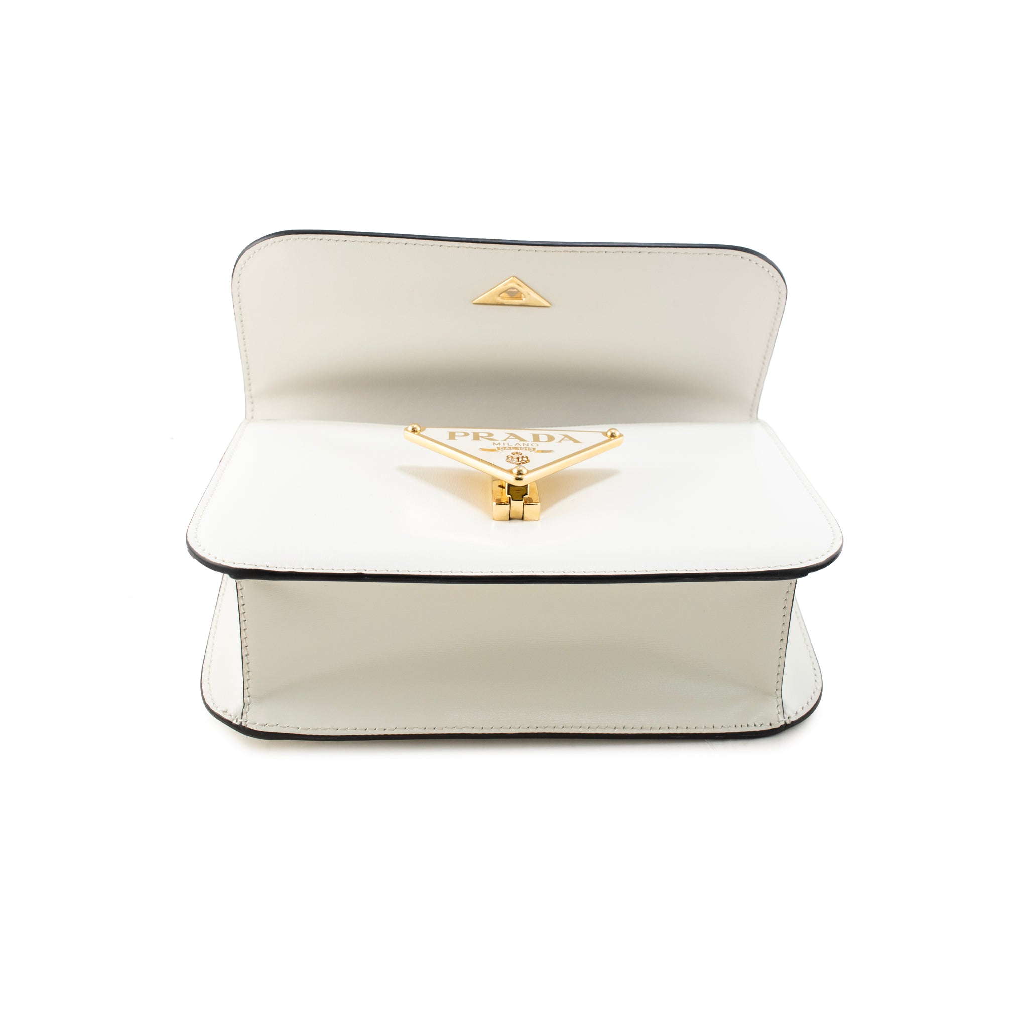 Prada White Soft Calfskin Triangle Logo Gold Hardware Flap Shoulder Bag
