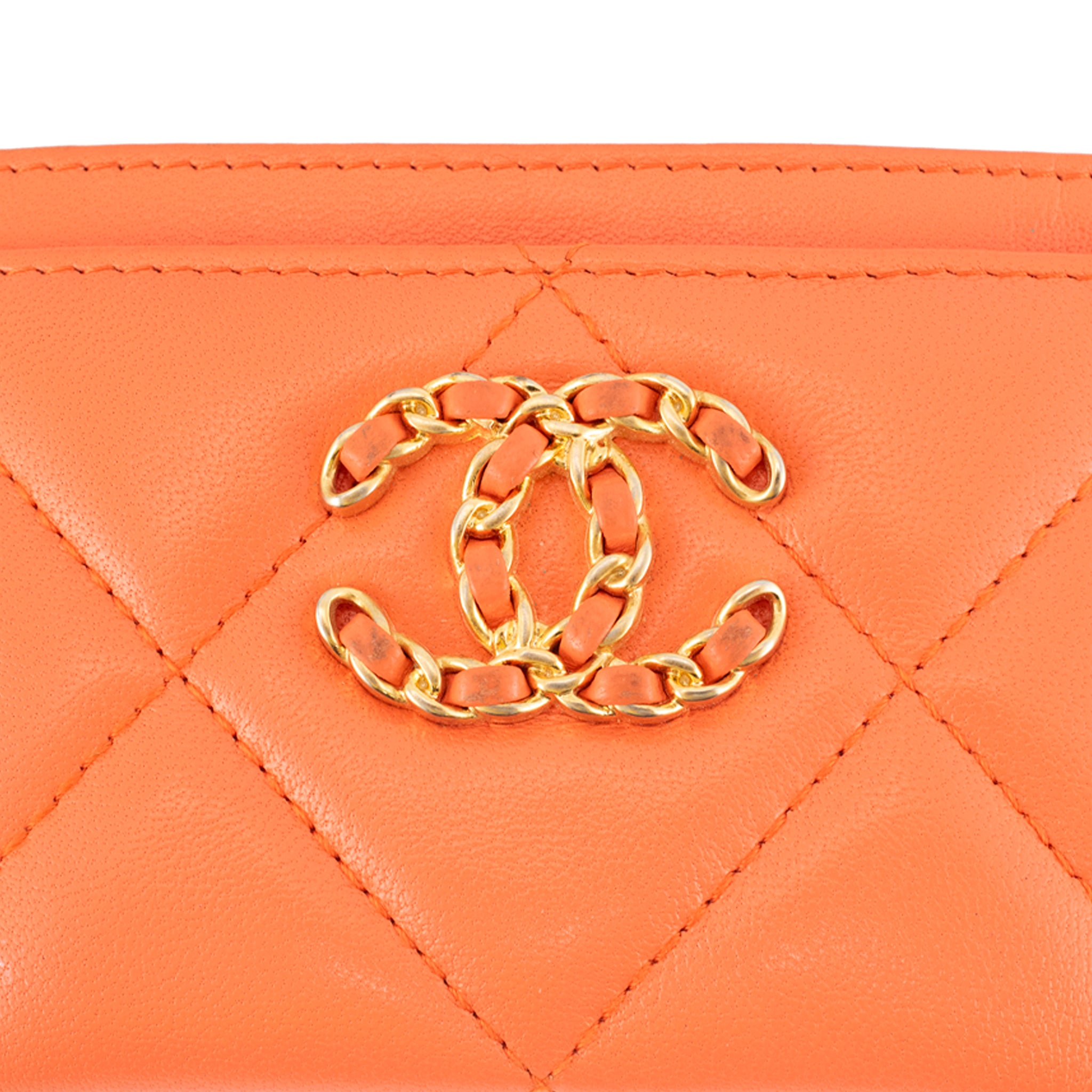 Chanel Coco Orange Lambskin 19 Quilted CC Card Holder Wallet