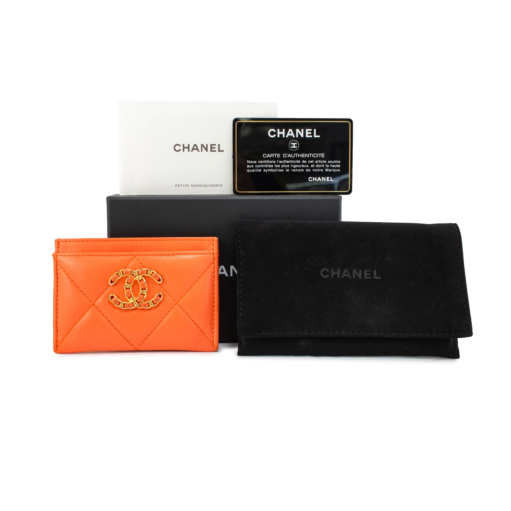 Chanel Coco Orange Lambskin 19 Quilted CC Card Holder Wallet