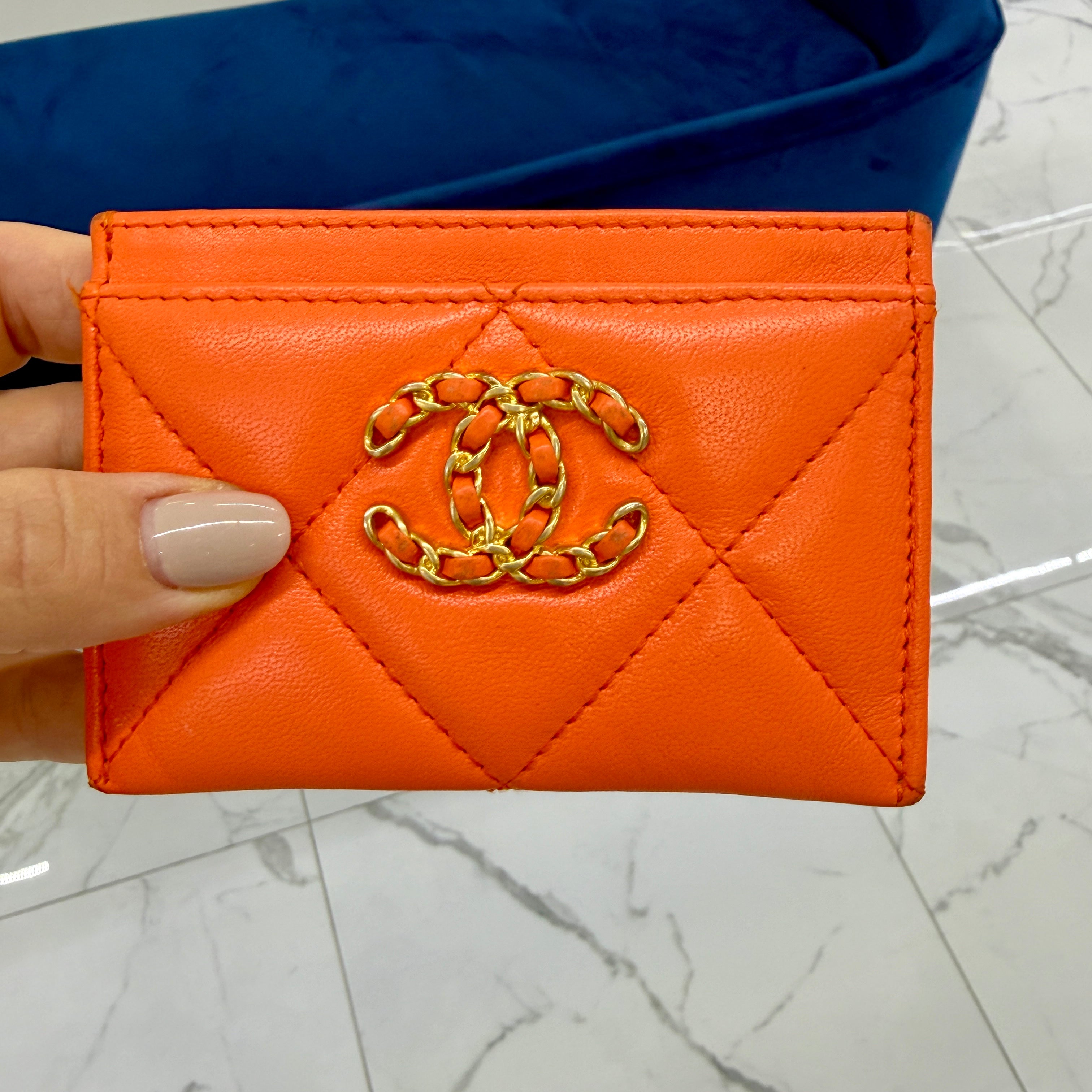 Chanel Coco Orange Lambskin 19 Quilted CC Card Holder Wallet