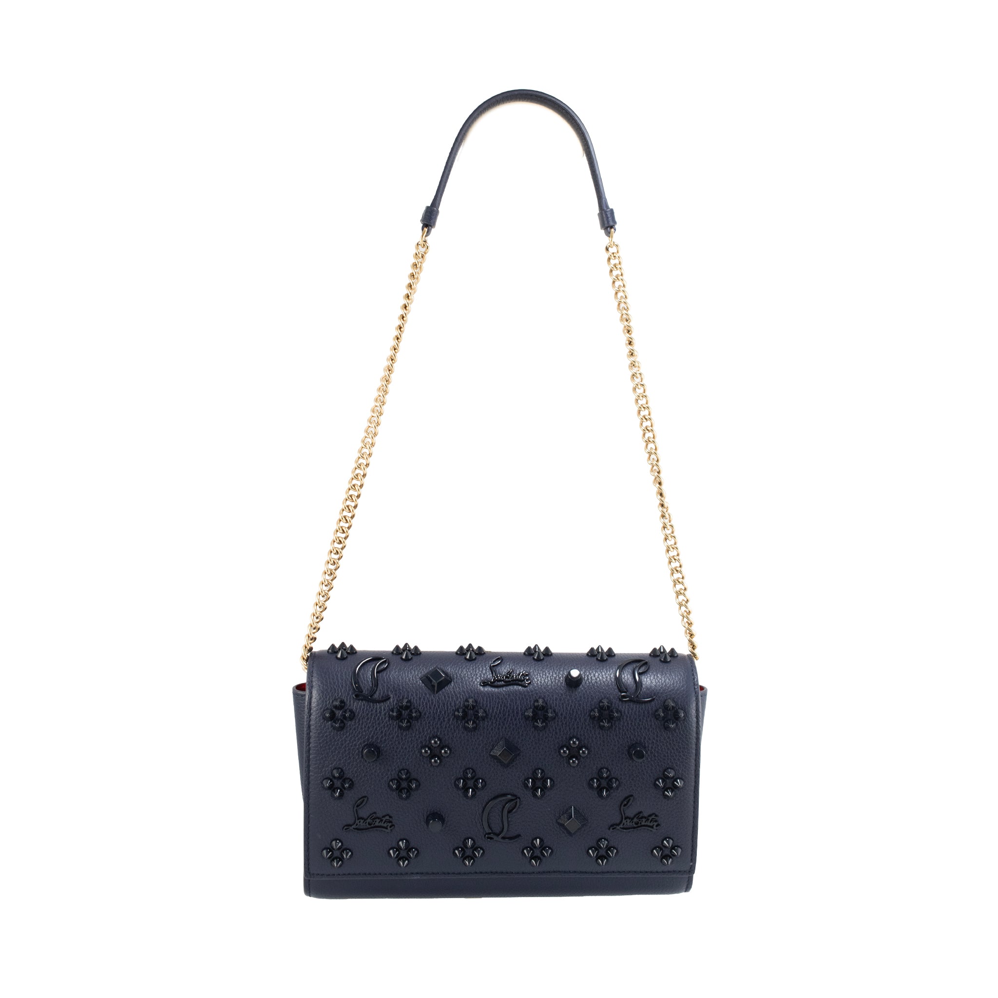 Christian Louboutin Paloma Navy Leather Spike Gold Hardware Crossbody Clutch Bag