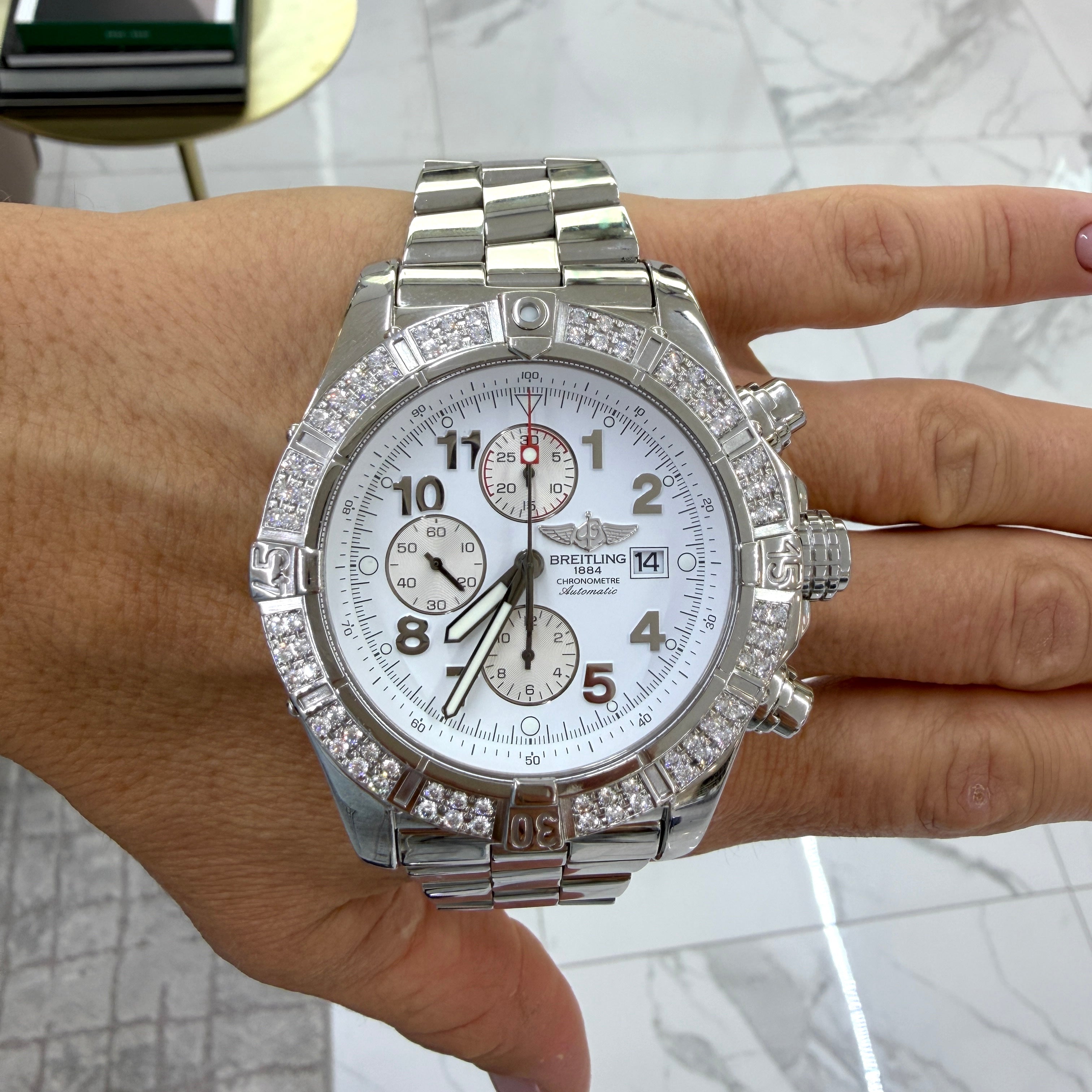 Breitling Super Avenger 48MM A13370 White Dial Diamond Bezel Chrono Steel Watch