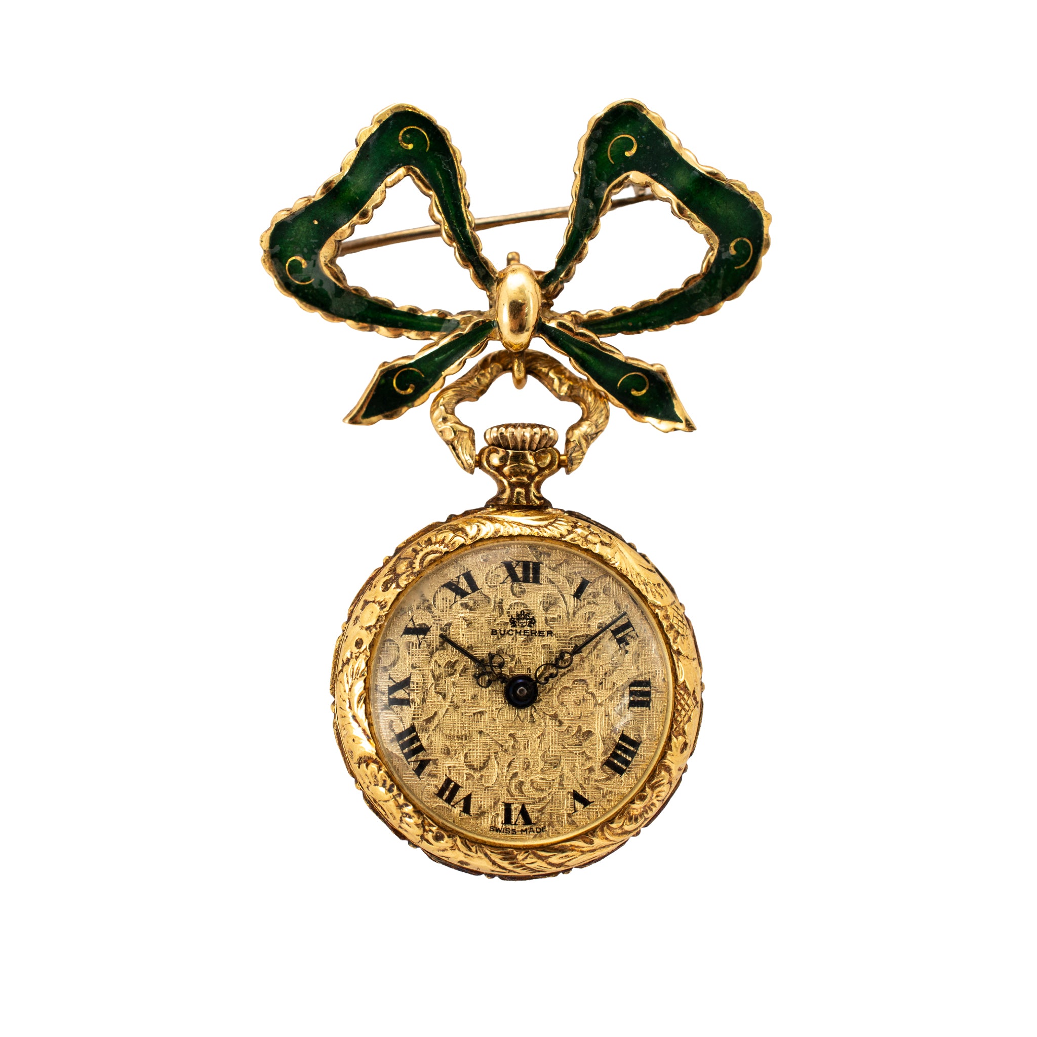 Ladies Art Nouveau Bucherer Lapel 18K Gold Enamel Bow PIN Vintage Pocket Watch