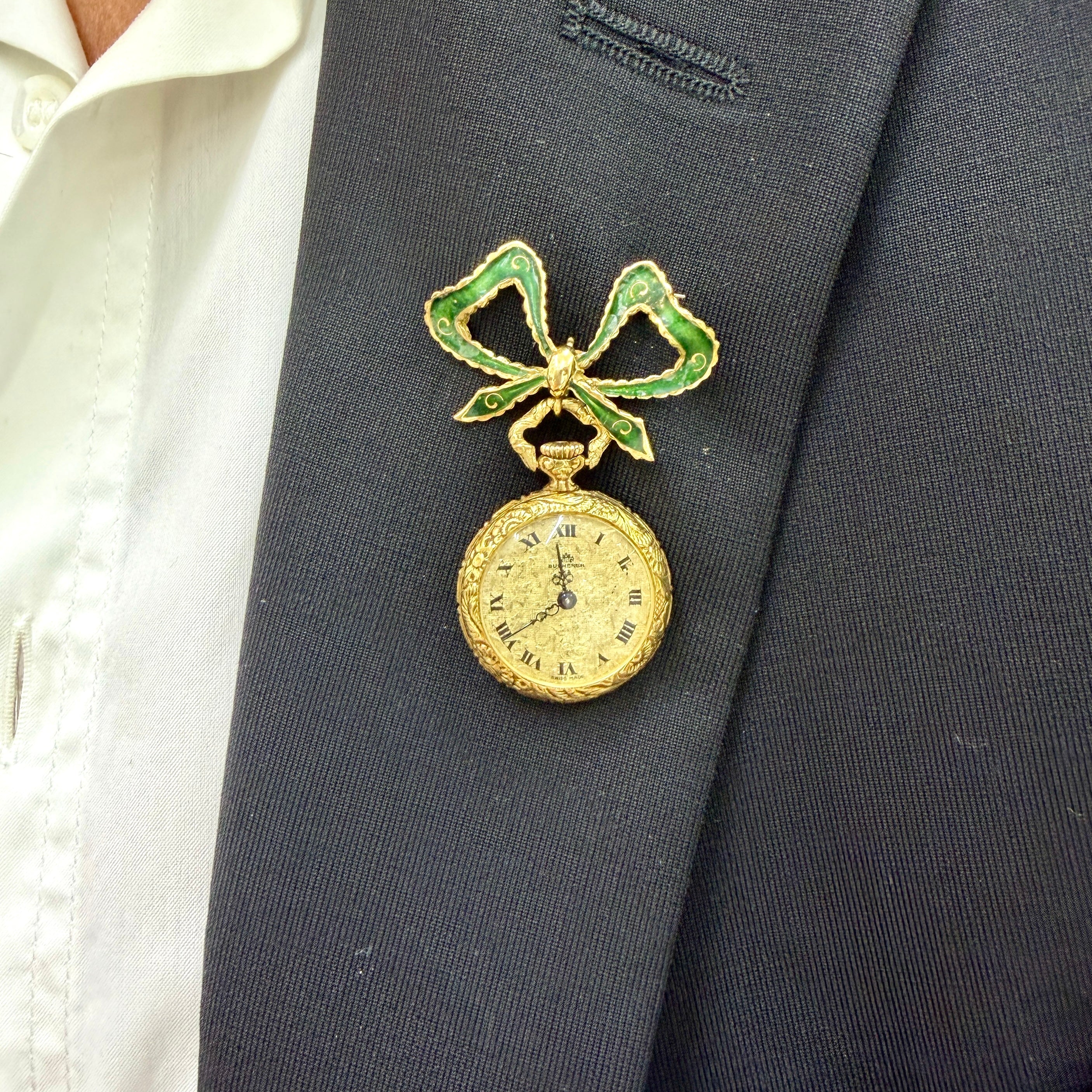Ladies Art Nouveau Bucherer Lapel 18K Gold Enamel Bow PIN Vintage Pocket Watch