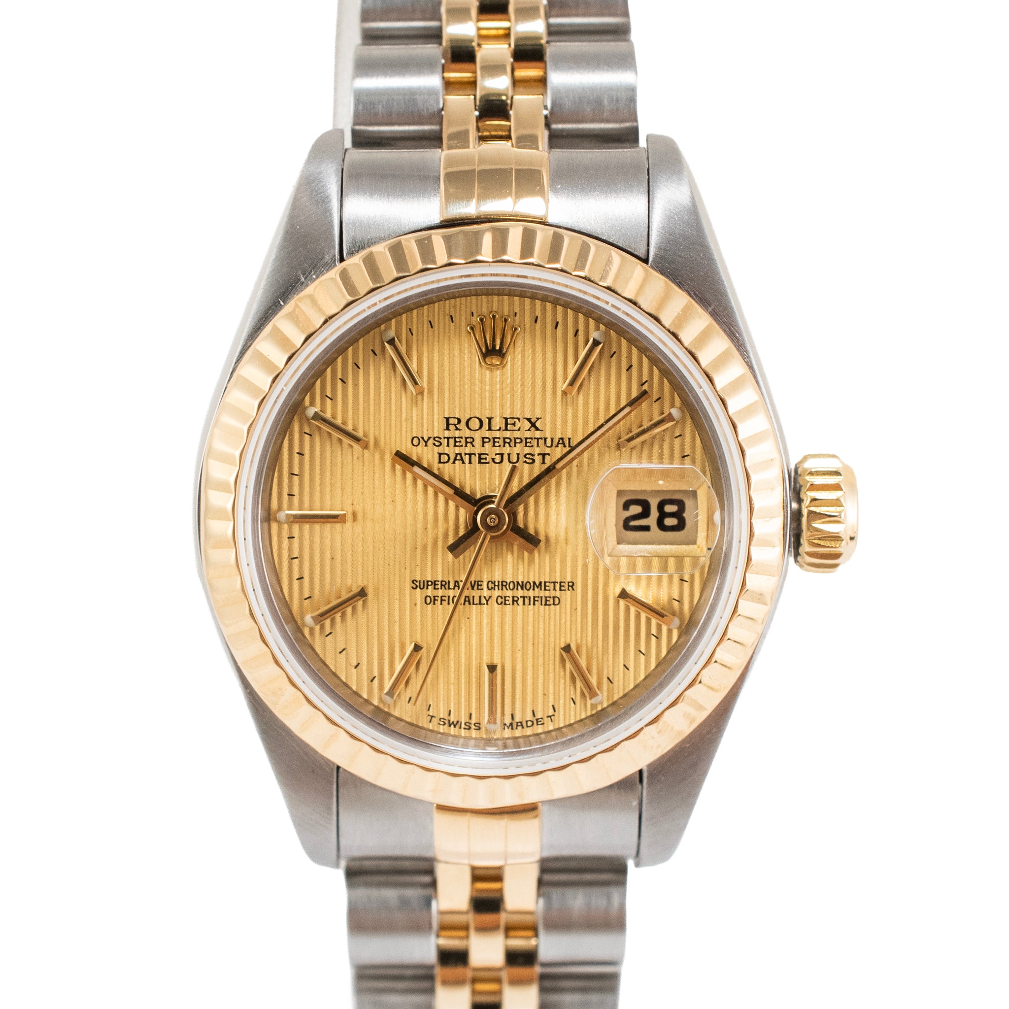 Ladies Rolex Datejust 26MM 69173 Champagne Tapestry Dial Fluted Gold Steel Watch