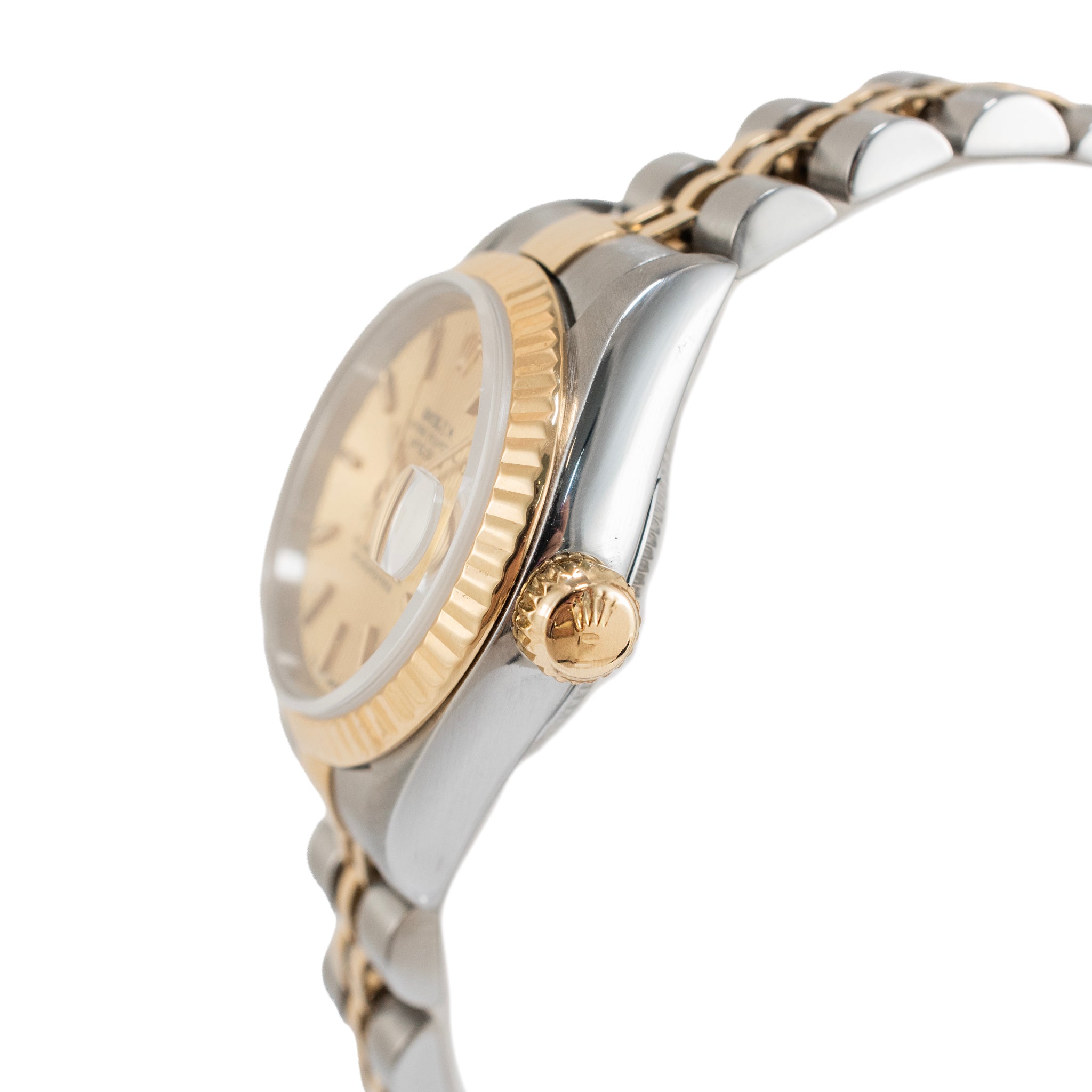 Ladies Rolex Datejust 26MM 69173 Champagne Tapestry Dial Fluted Gold Steel Watch