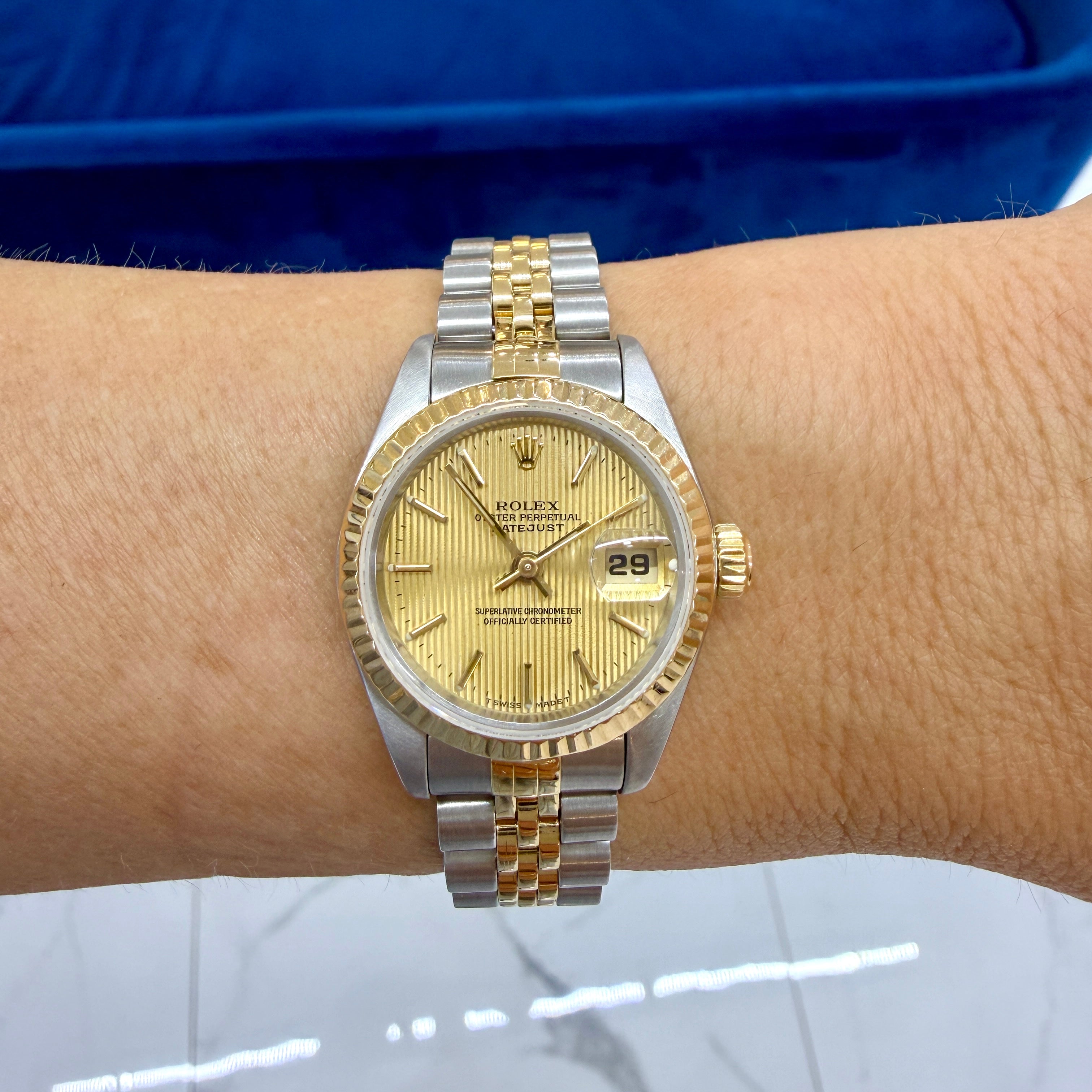 Ladies Rolex Datejust 26MM 69173 Champagne Tapestry Dial Fluted Gold Steel Watch
