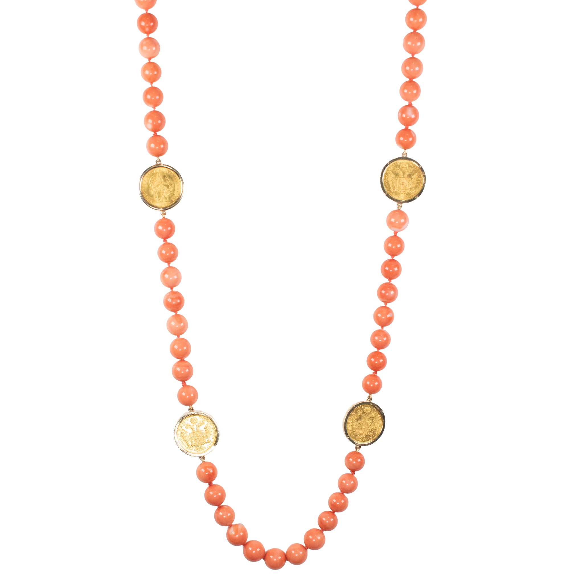 Vintage 18K Yellow Gold 1915 23K Austrian Gold Coin Coral Bead Station Necklace