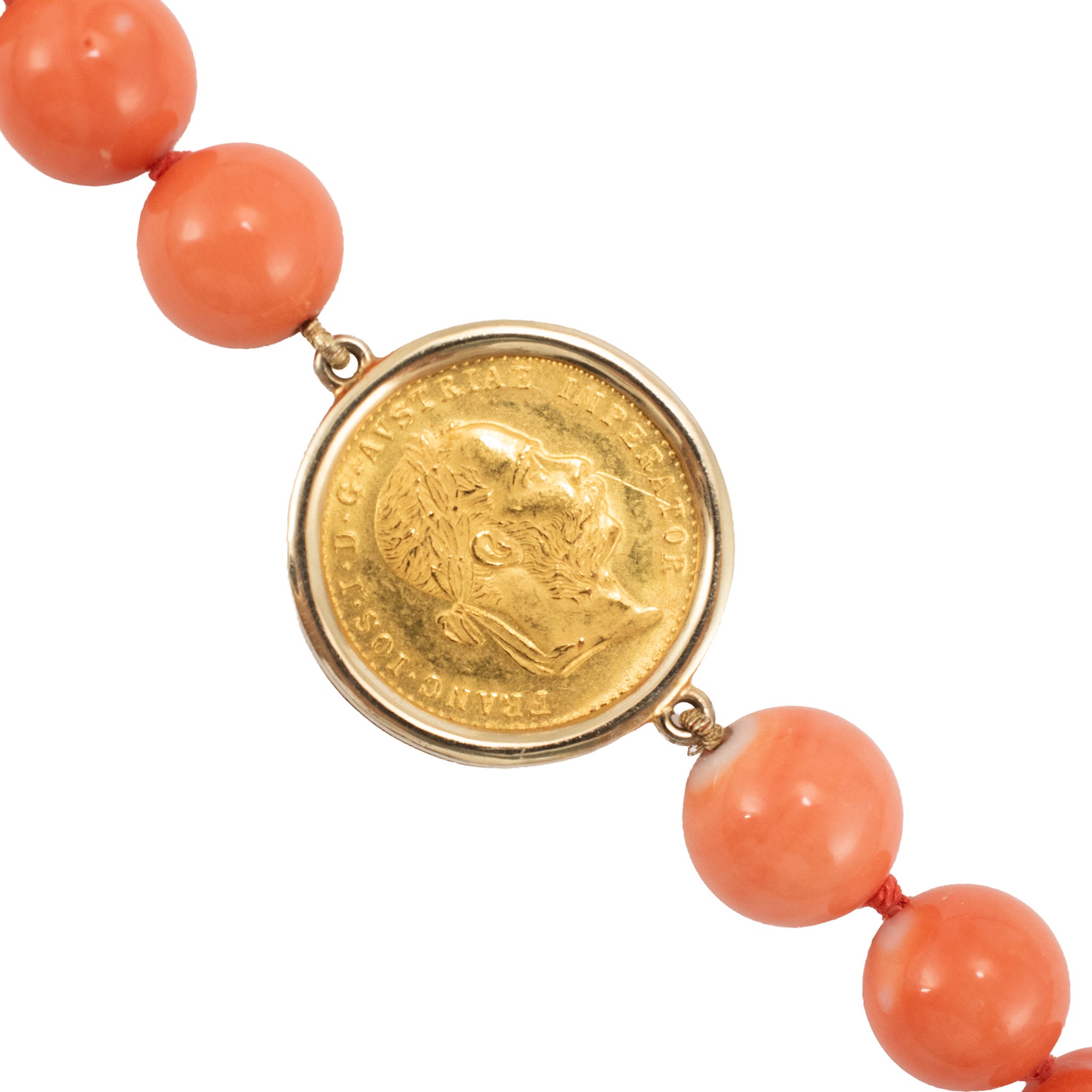 Vintage 18K Yellow Gold 1915 23K Austrian Gold Coin Coral Bead Station Necklace