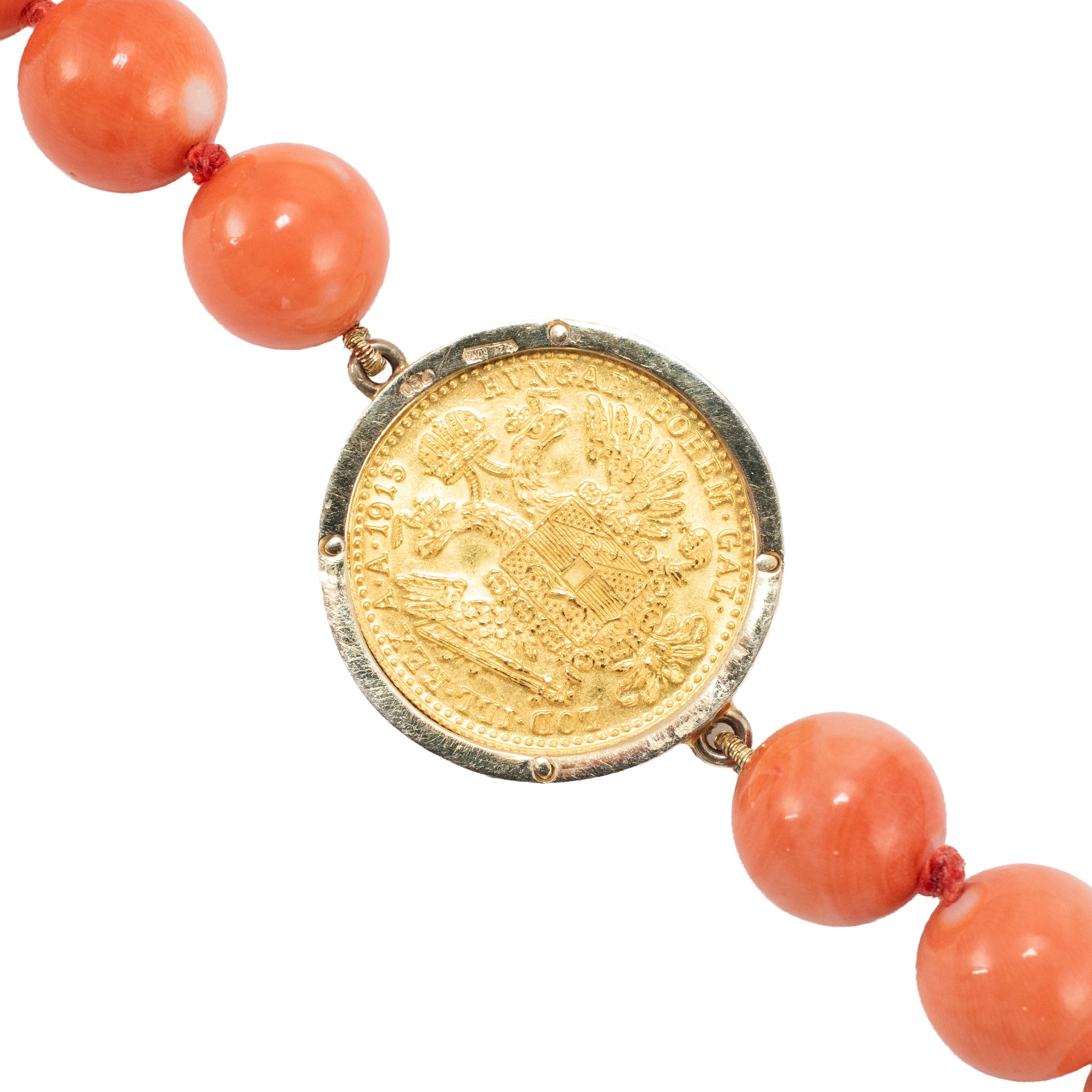 Vintage 18K Yellow Gold 1915 23K Austrian Gold Coin Coral Bead Station Necklace