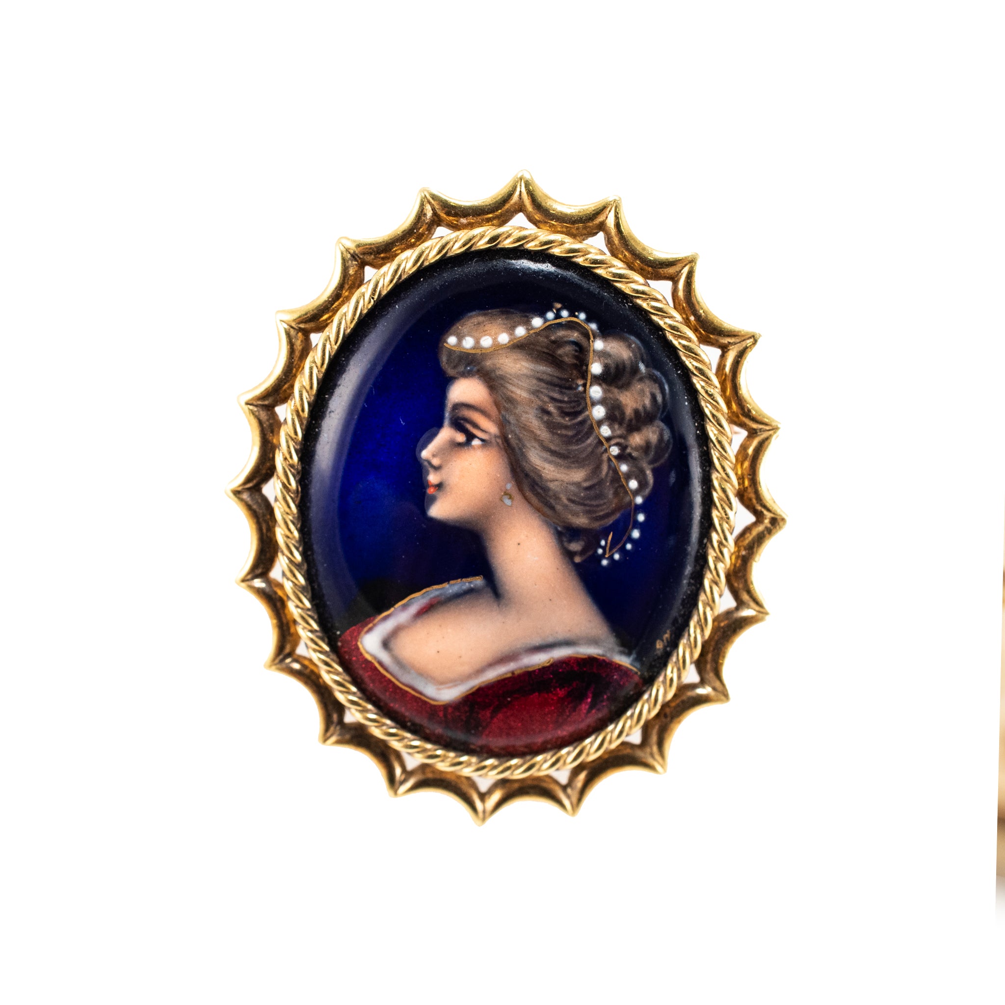 Victorian Antique French 18K Yellow Gold Enamel Lady Portrait Brooch PIN