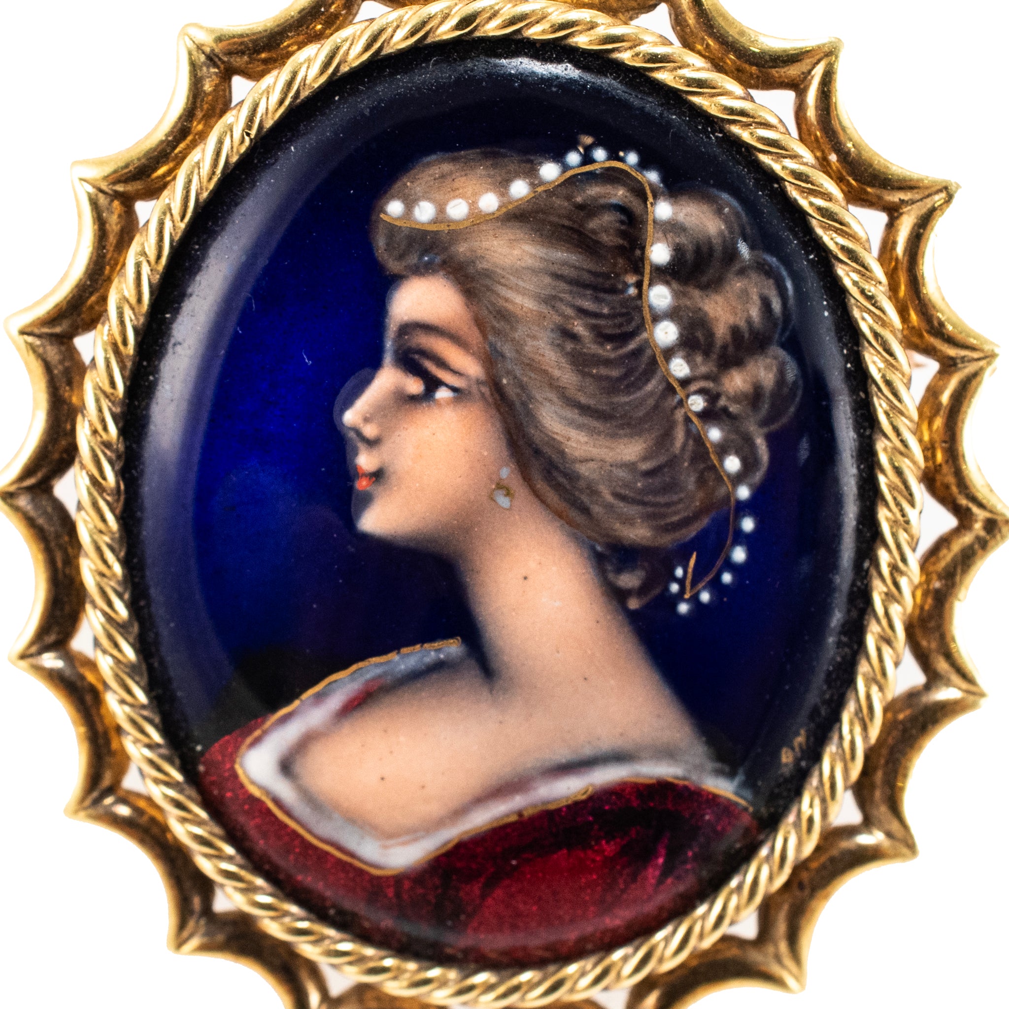 Victorian Antique French 18K Yellow Gold Enamel Lady Portrait Brooch PIN