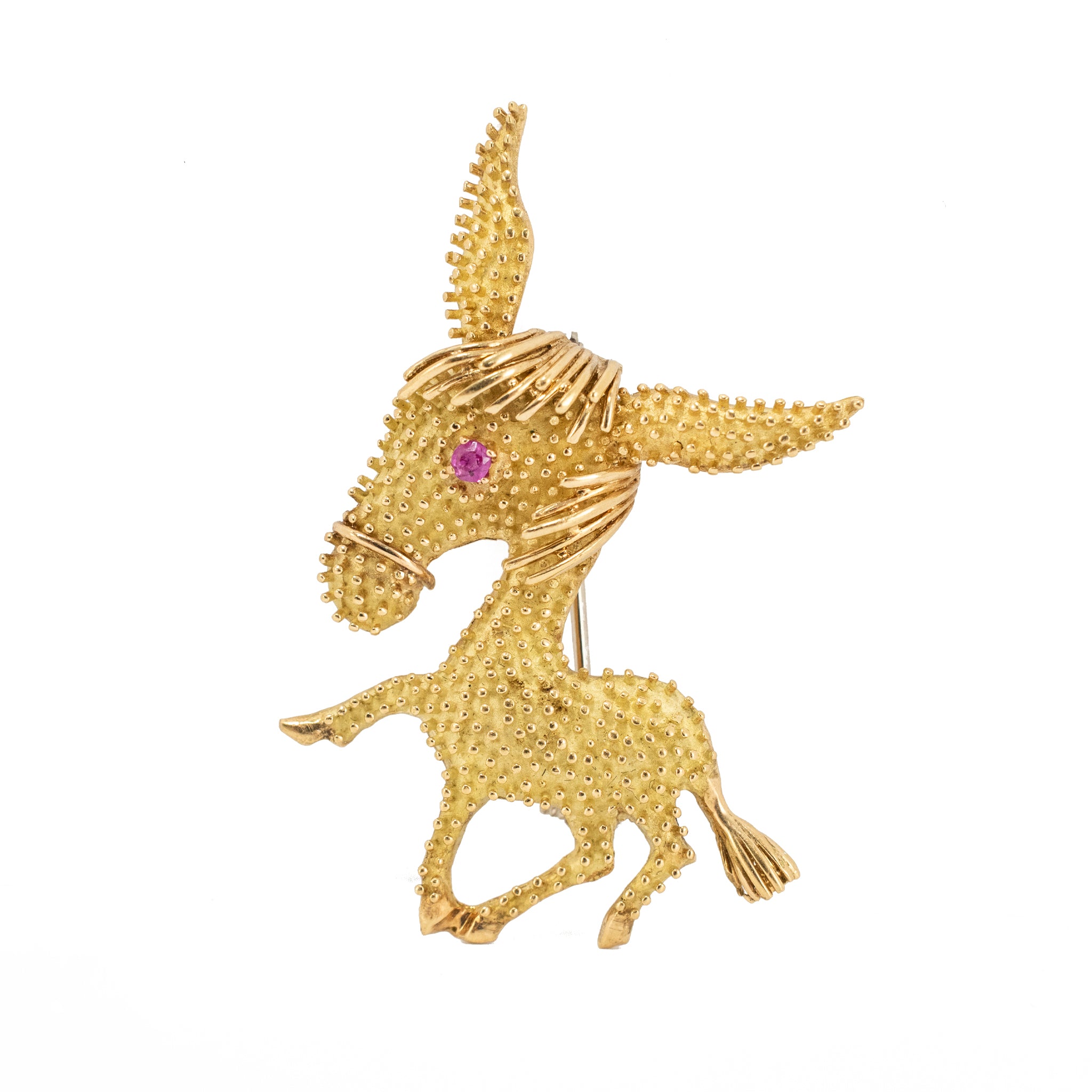 Vintage 18K Yellow Gold Pink Sapphire Dual Textured Donkey PIN Brooch