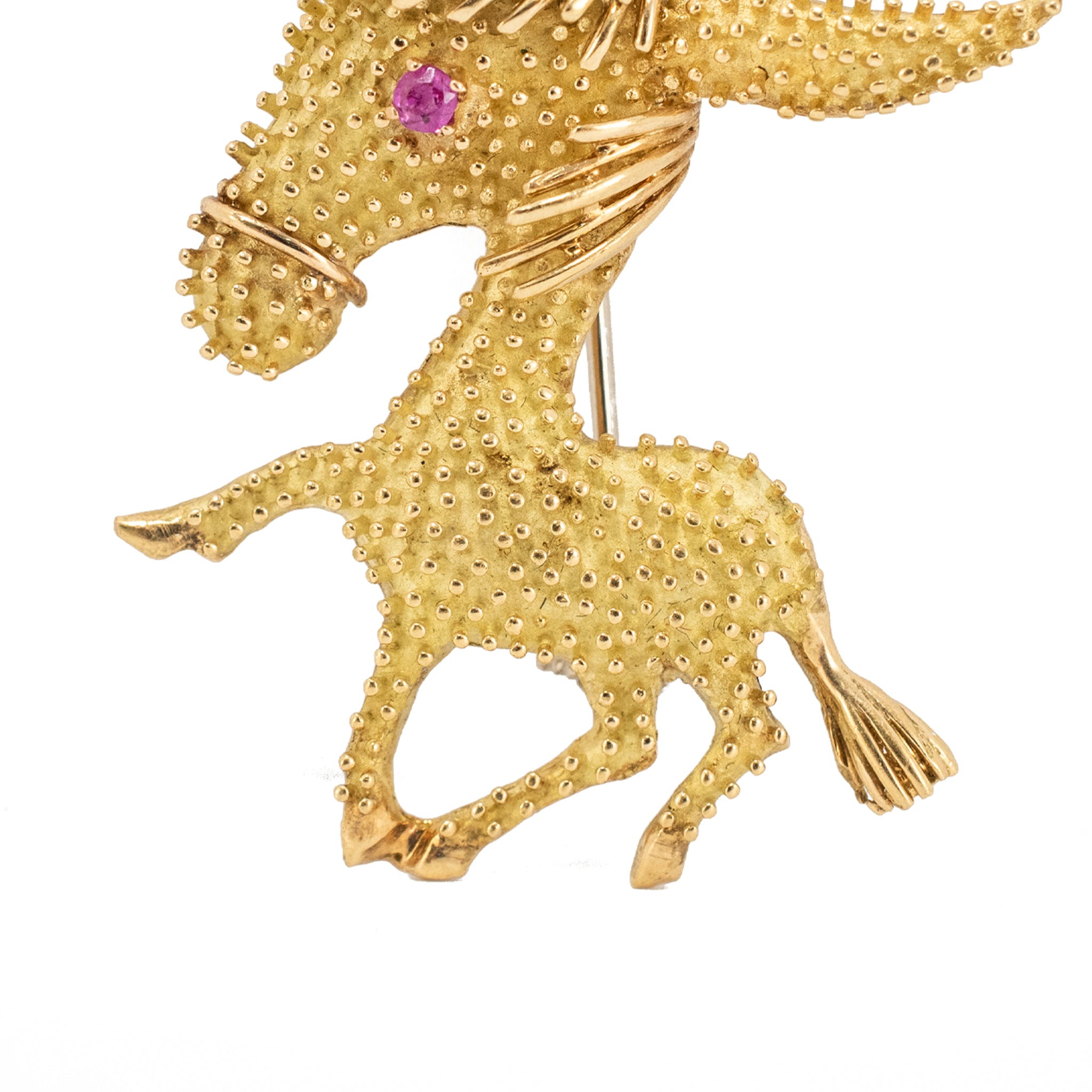Vintage 18K Yellow Gold Pink Sapphire Dual Textured Donkey PIN Brooch
