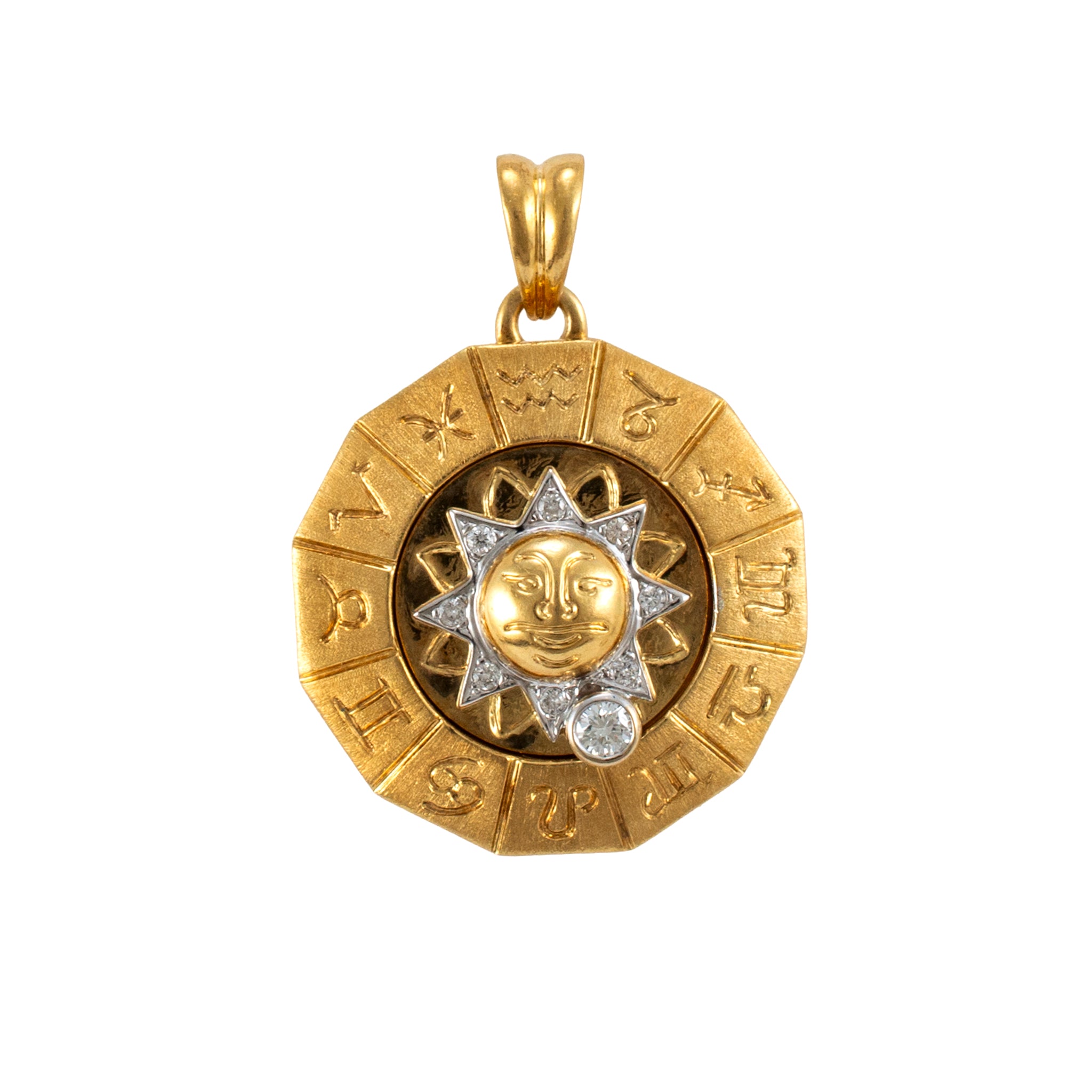 18K Yellow & White Gold Rotating Zodiac Sign Diamond Sun Motif Medal Pendant