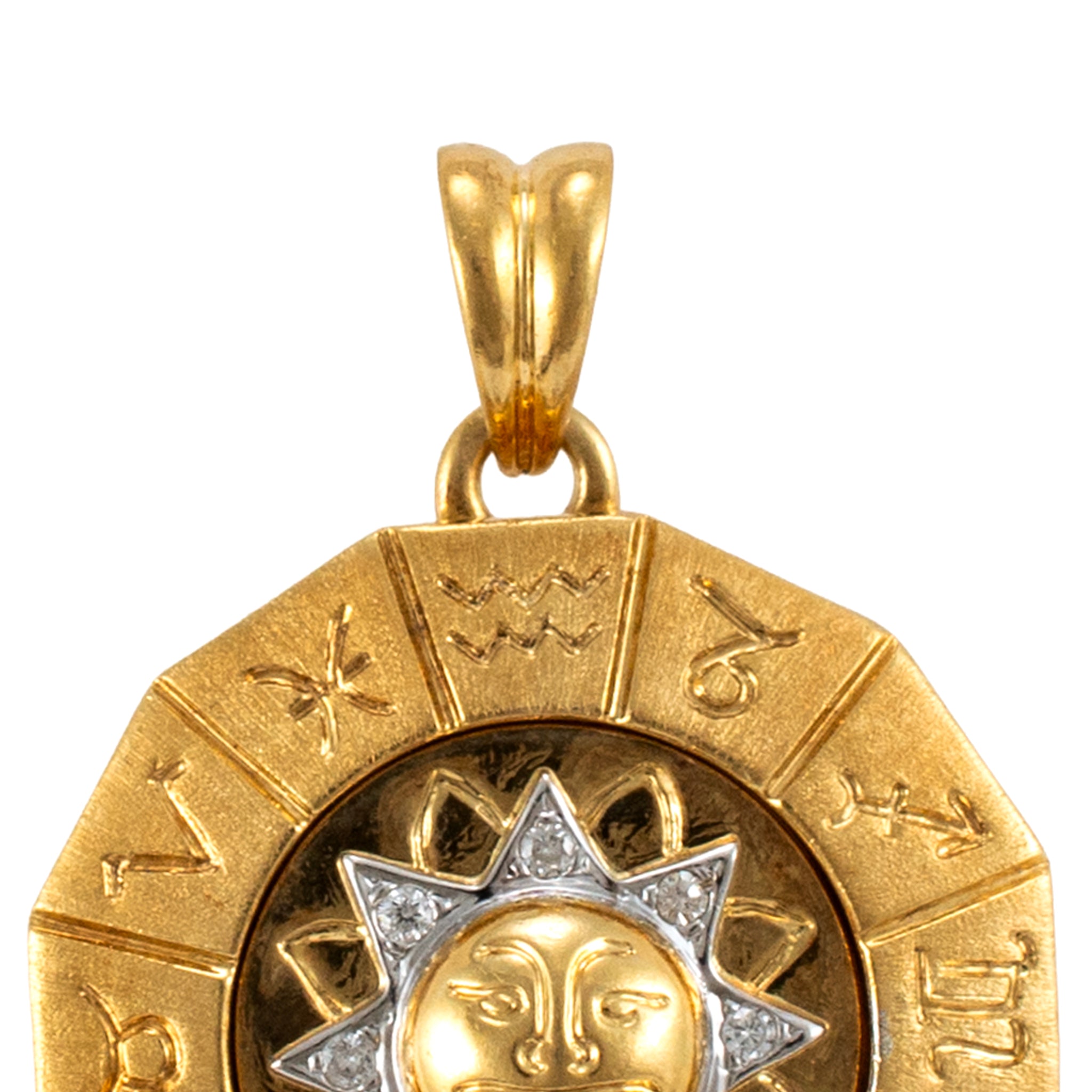 18K Yellow & White Gold Rotating Zodiac Sign Diamond Sun Motif Medal Pendant