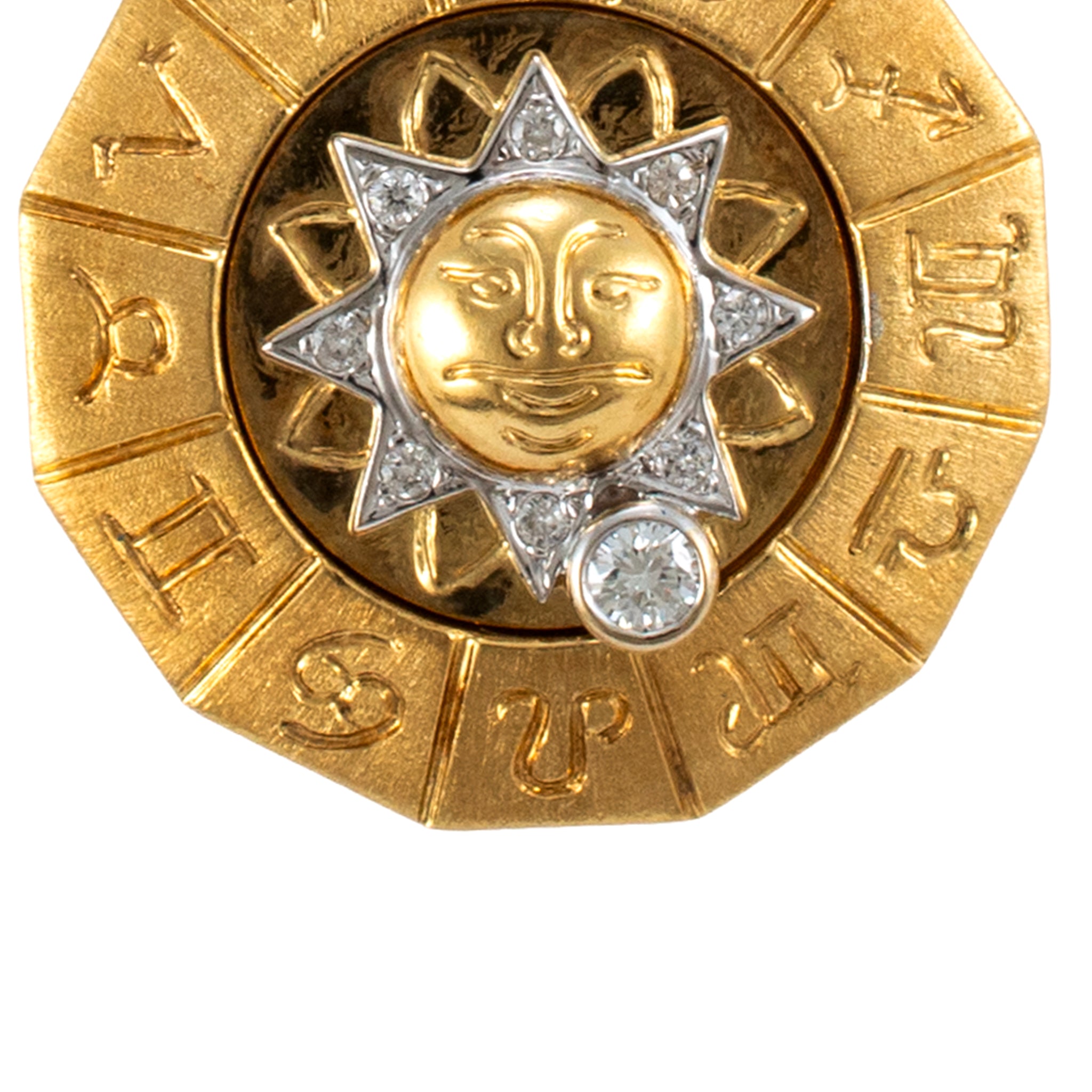 18K Yellow & White Gold Rotating Zodiac Sign Diamond Sun Motif Medal Pendant