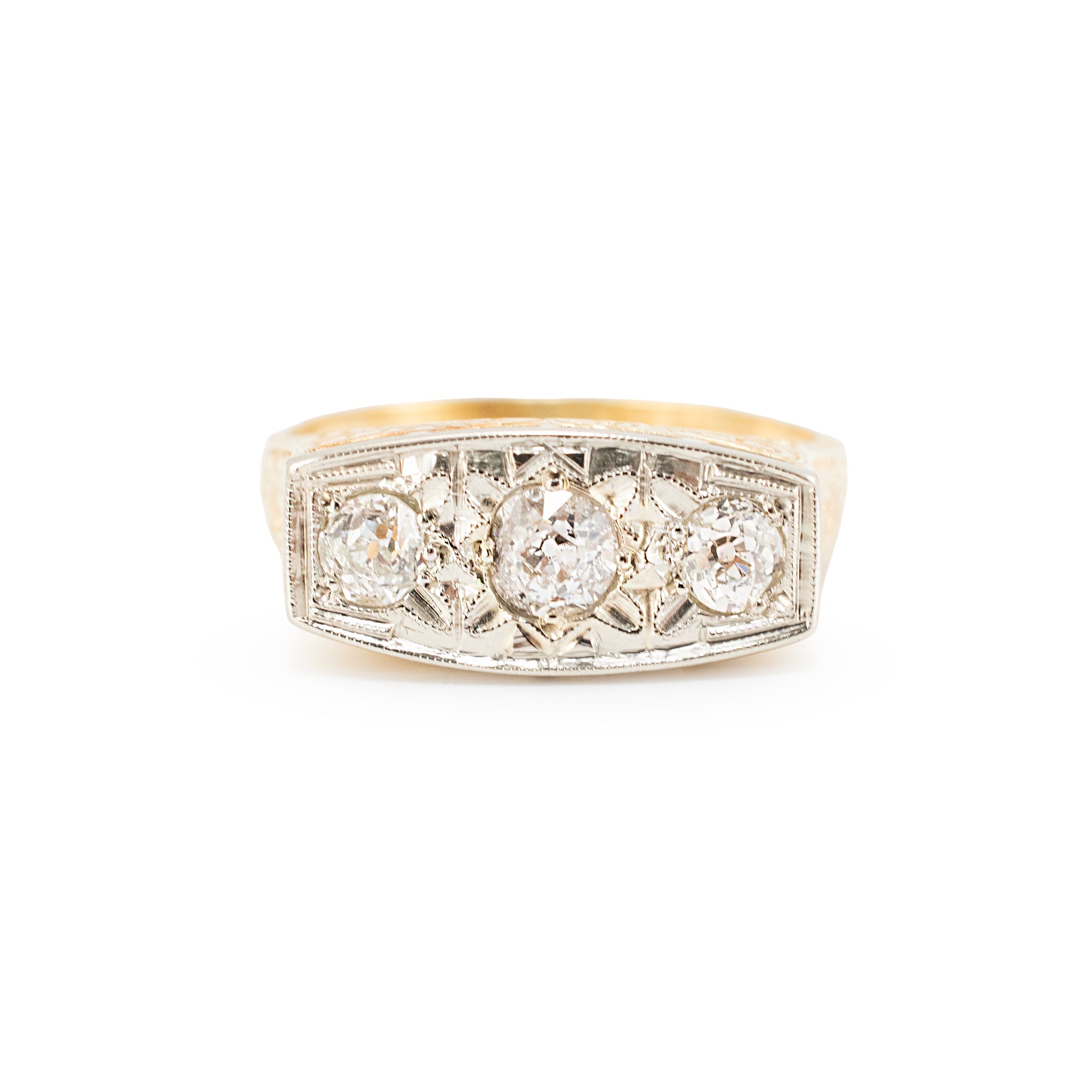 Antique Art Deco 18K & 14K Gold 0.70ct Old Diamond Three Stone Engagement Ring