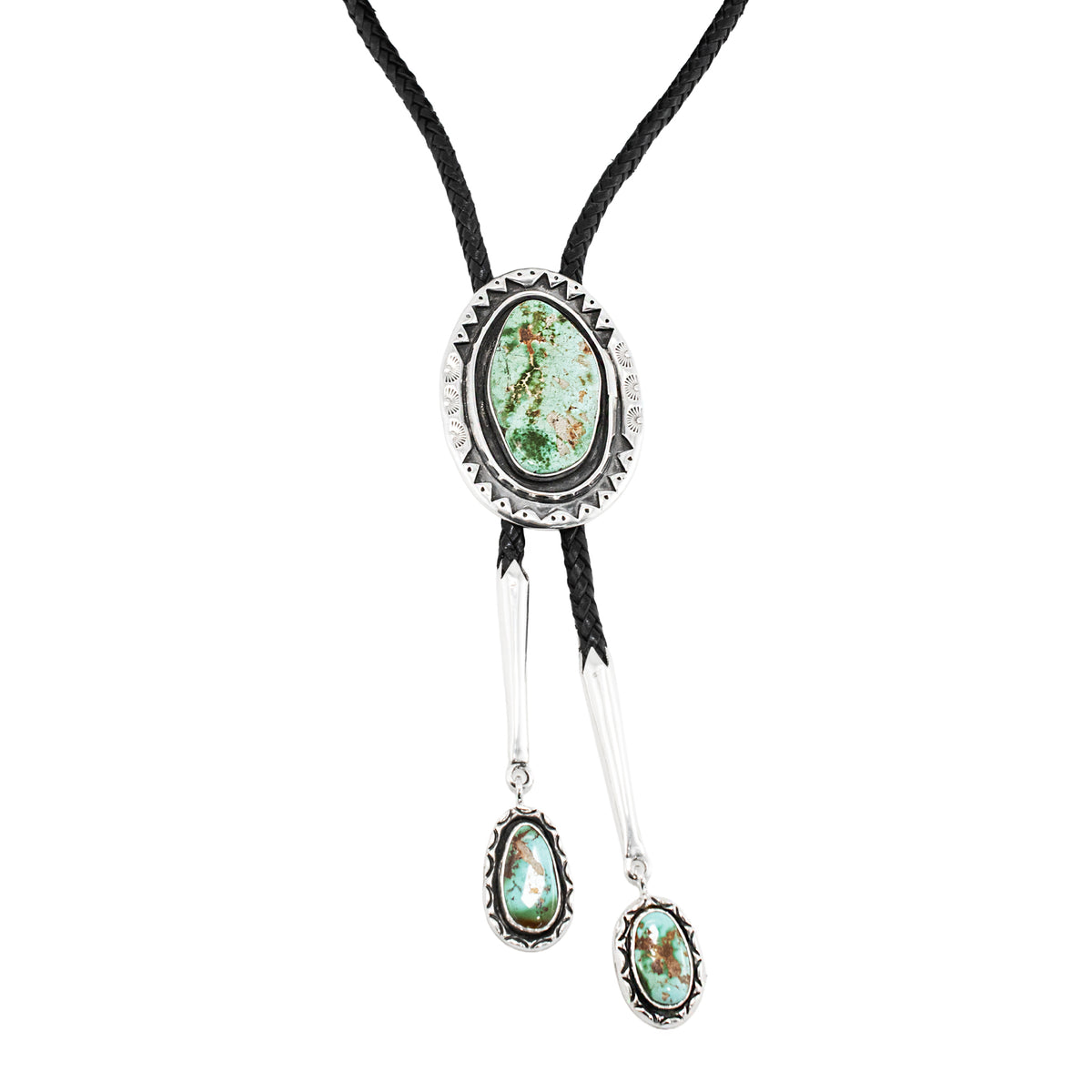 Vintage Sterling Silver Turquoise Black Leather Southwestern Bolo Tie