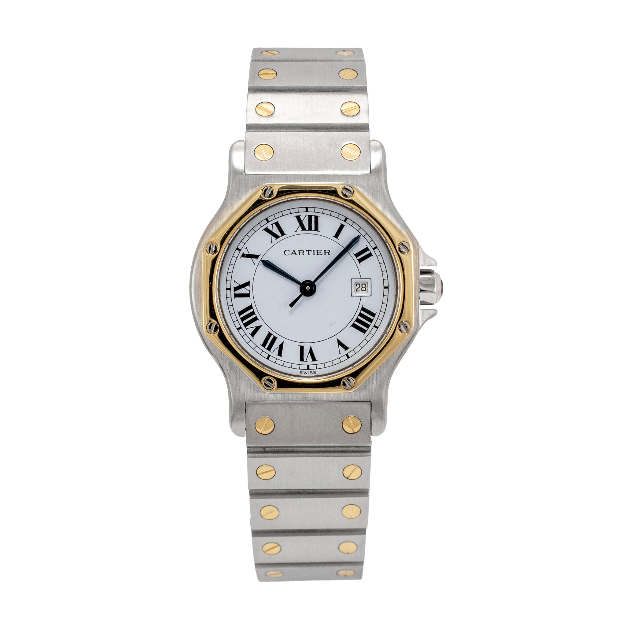 Ladies Cartier Santos Octagon 30MM 2966 White Roman Gold Steel Automatic Watch