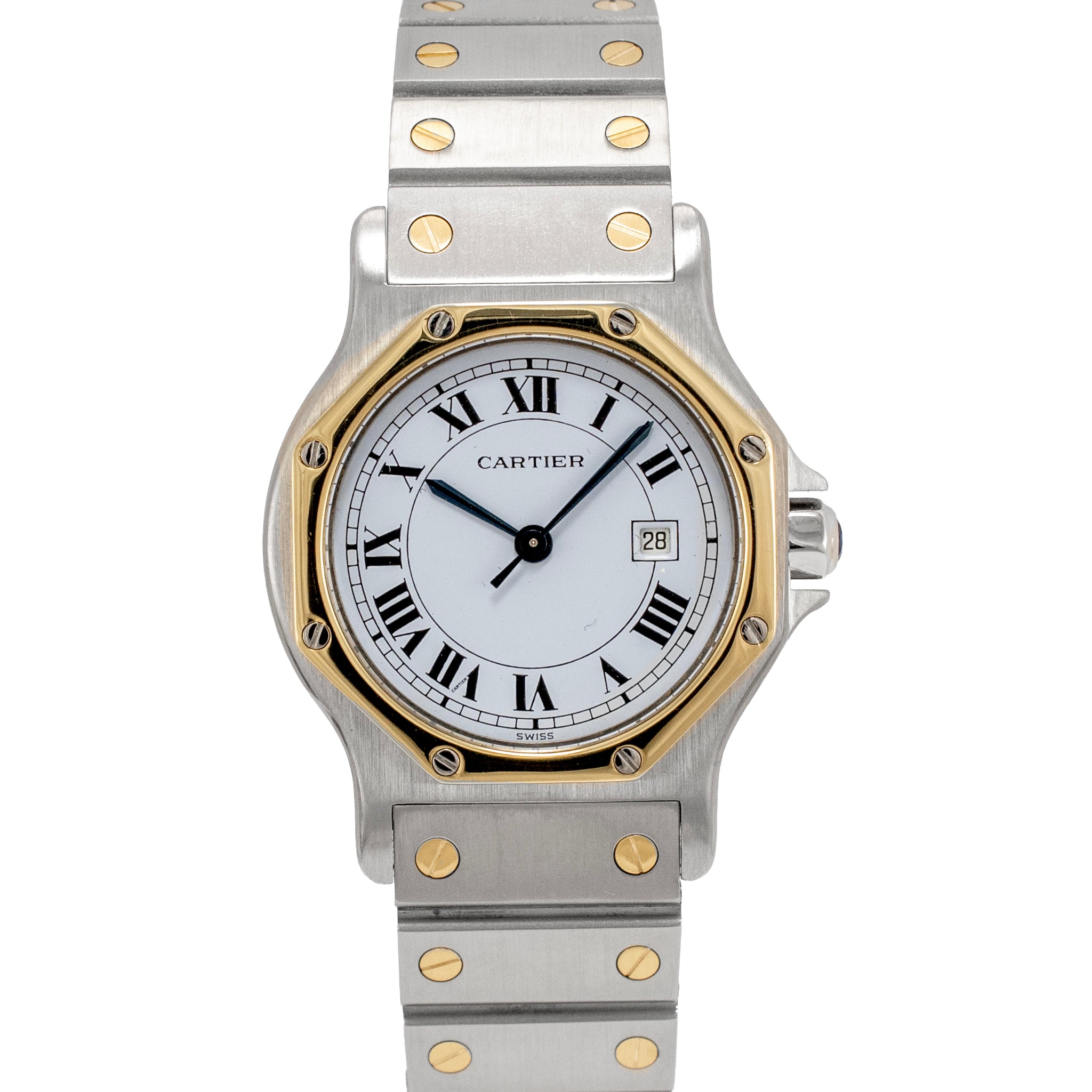 Ladies Cartier Santos Octagon 30MM 2966 White Roman Gold Steel Automatic Watch