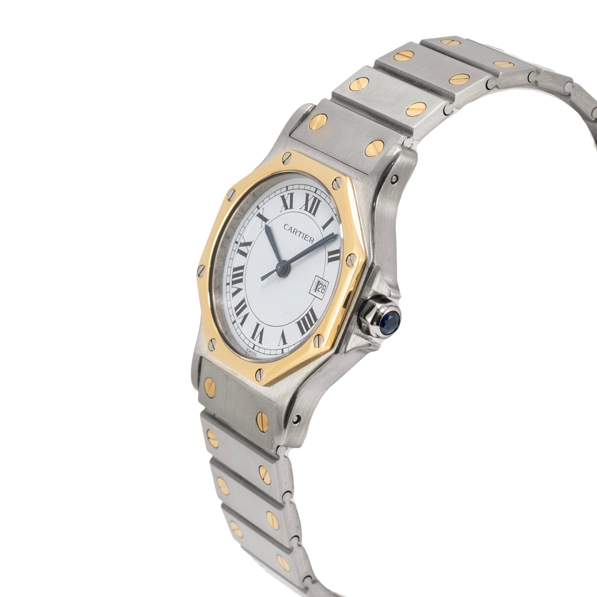 Ladies Cartier Santos Octagon 30MM 2966 White Roman Gold Steel Automatic Watch