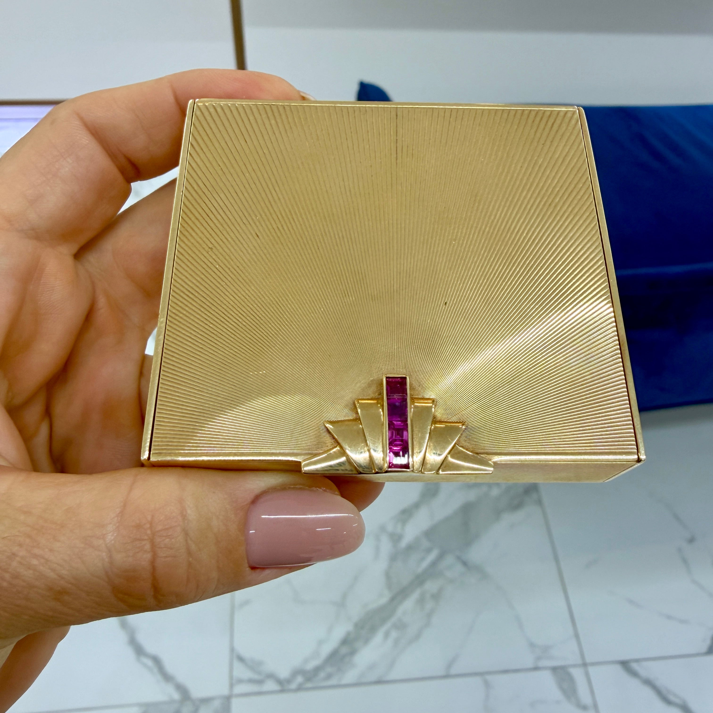 Vintage Tiffany & Co. 14K Yellow Gold Ruby Powder Case Compact Mirror Box
