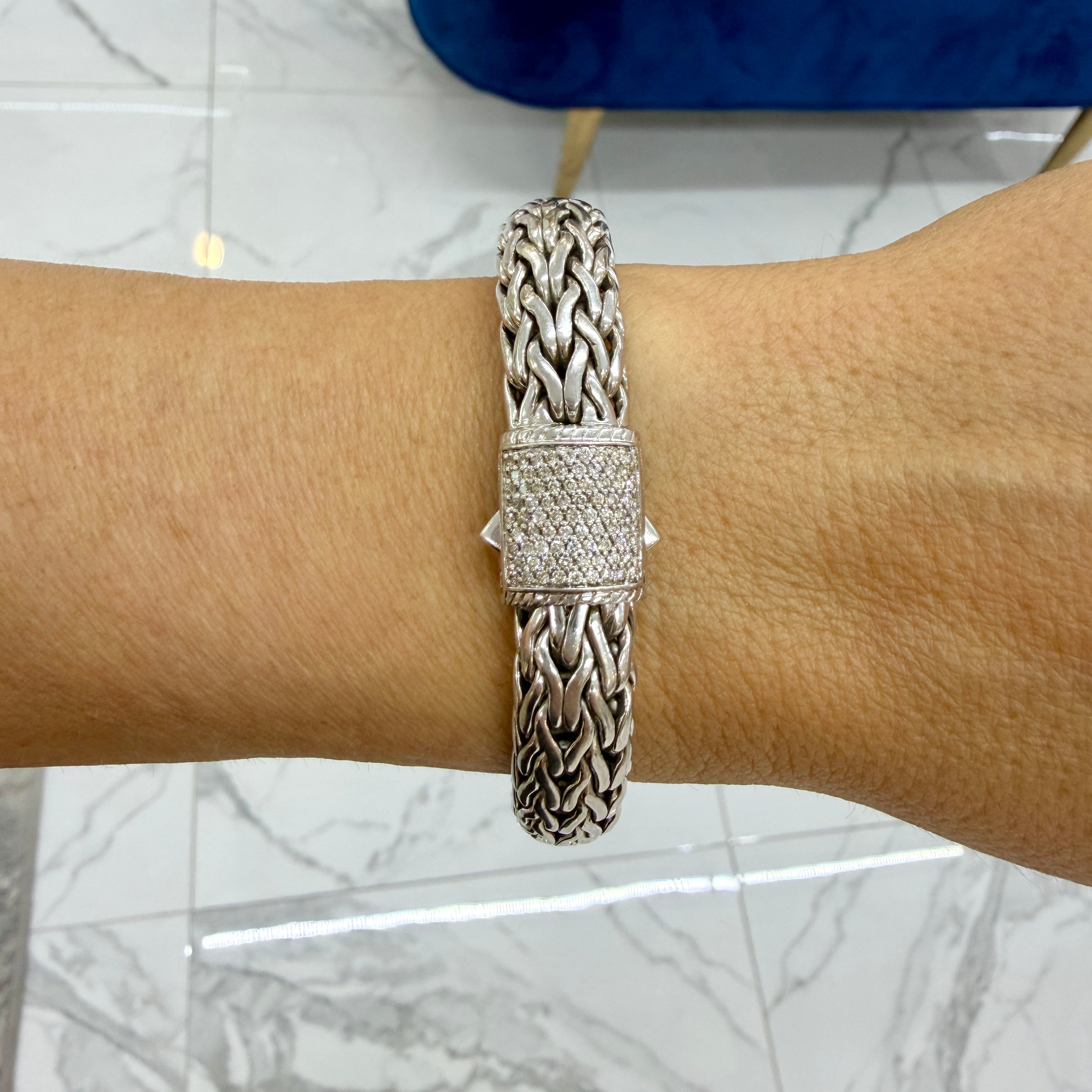 John Hardy Classic Icon 0.69ct Round Diamond Pave Sterling Silver Link Bracelet
