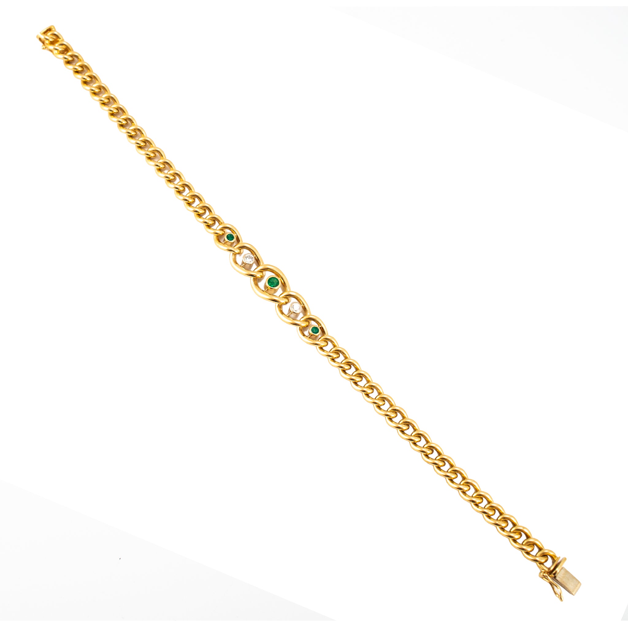 Vintage 18K Yellow Gold Emerald Diamond Graduated Articulated Curb Link Bracelet