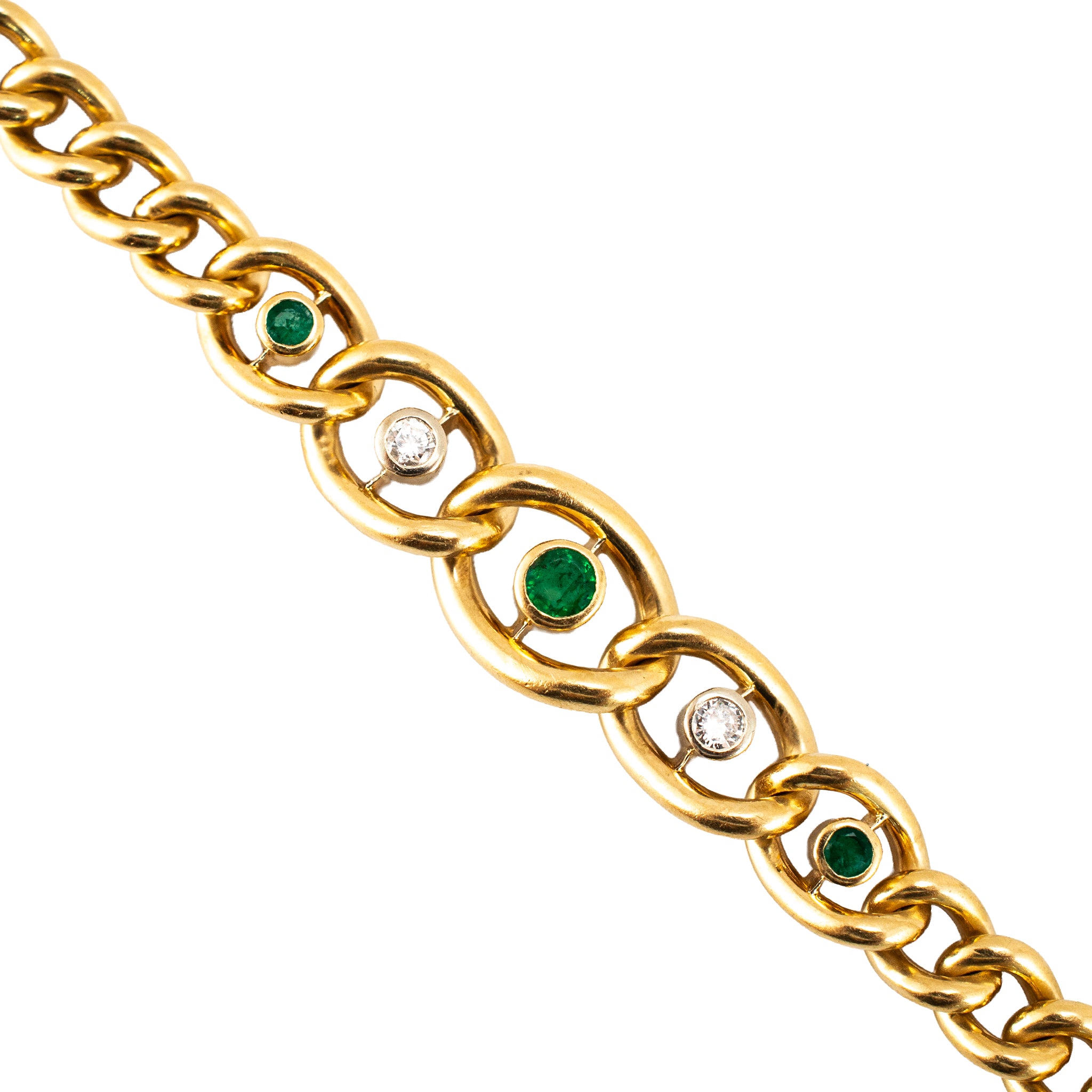 Vintage 18K Yellow Gold Emerald Diamond Graduated Articulated Curb Link Bracelet