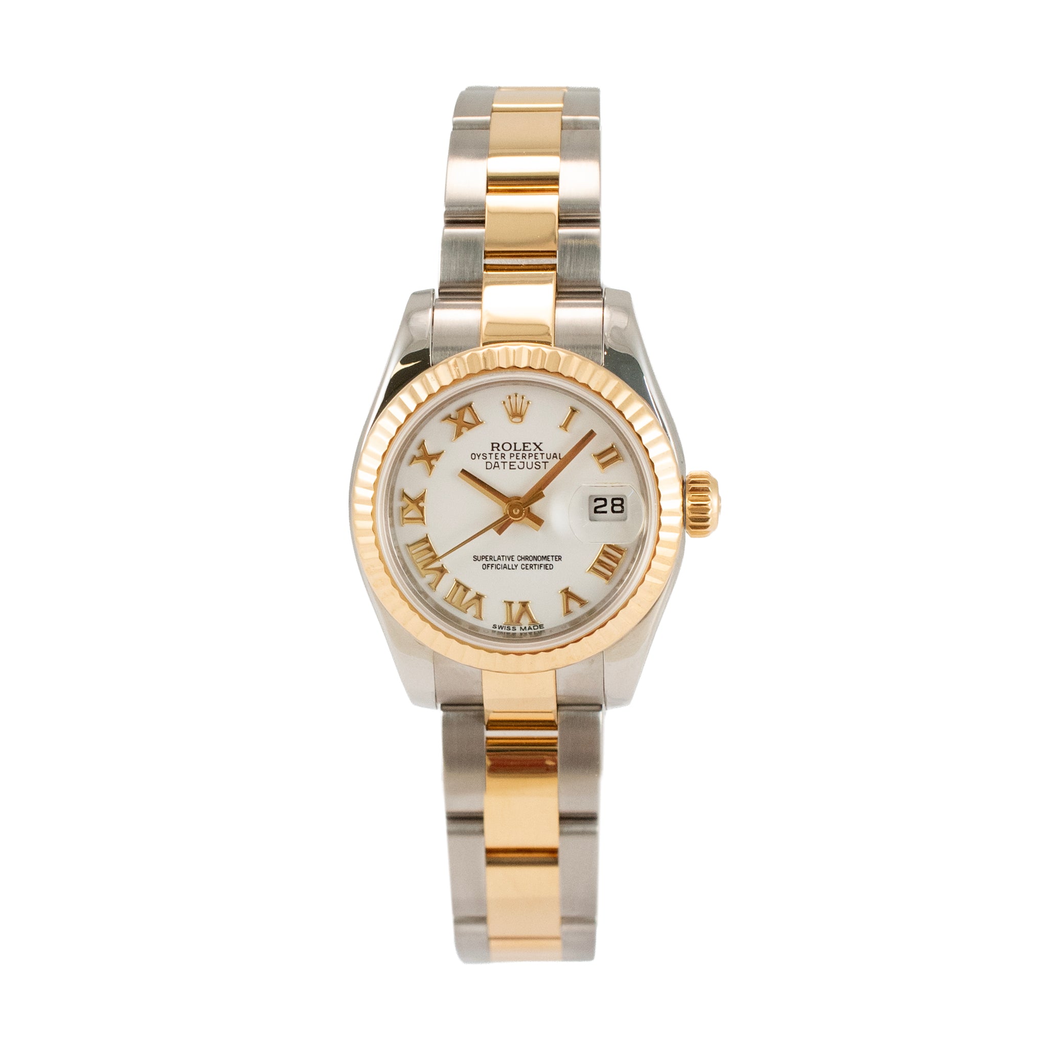 Ladies Rolex Datejust 26MM 179173 White Roman Oyster Two Tone Gold Steel Watch