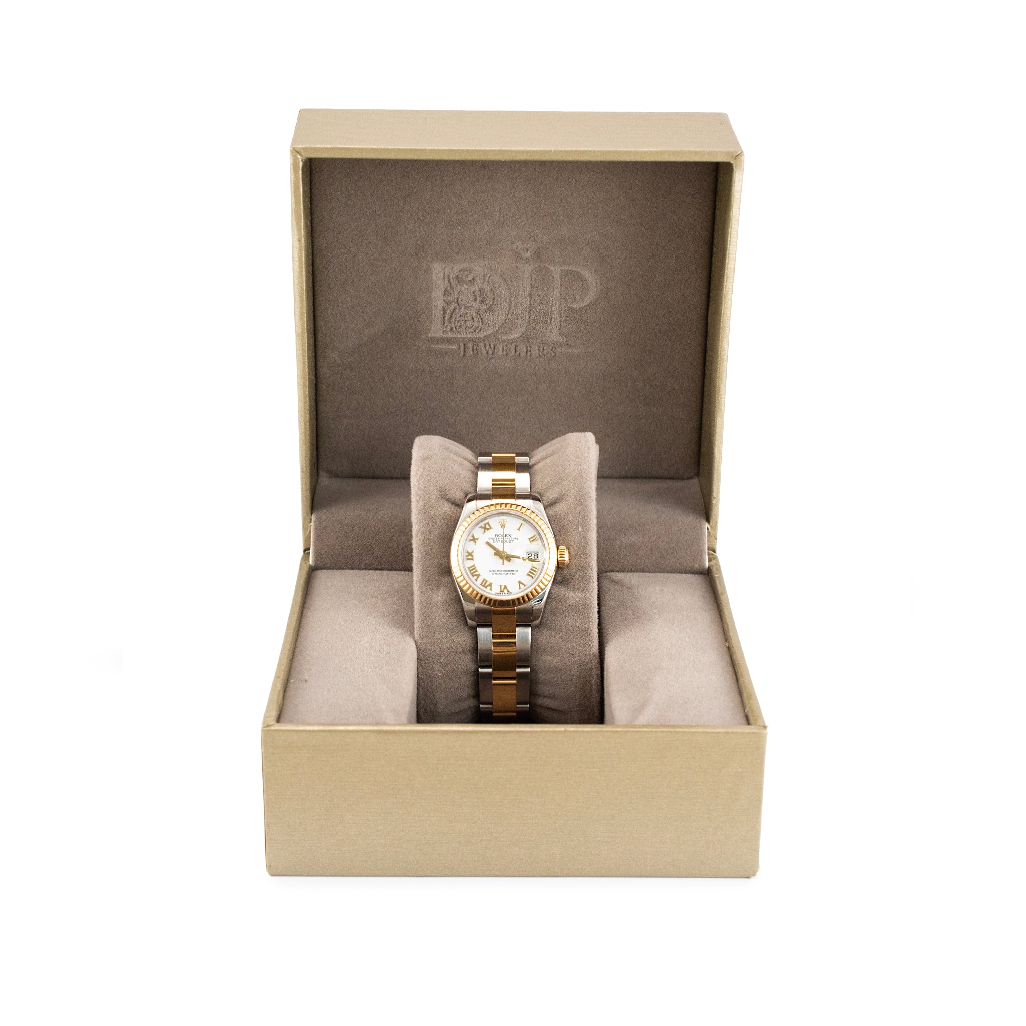 Ladies Rolex Datejust 26MM 179173 White Roman Oyster Two Tone Gold Steel Watch