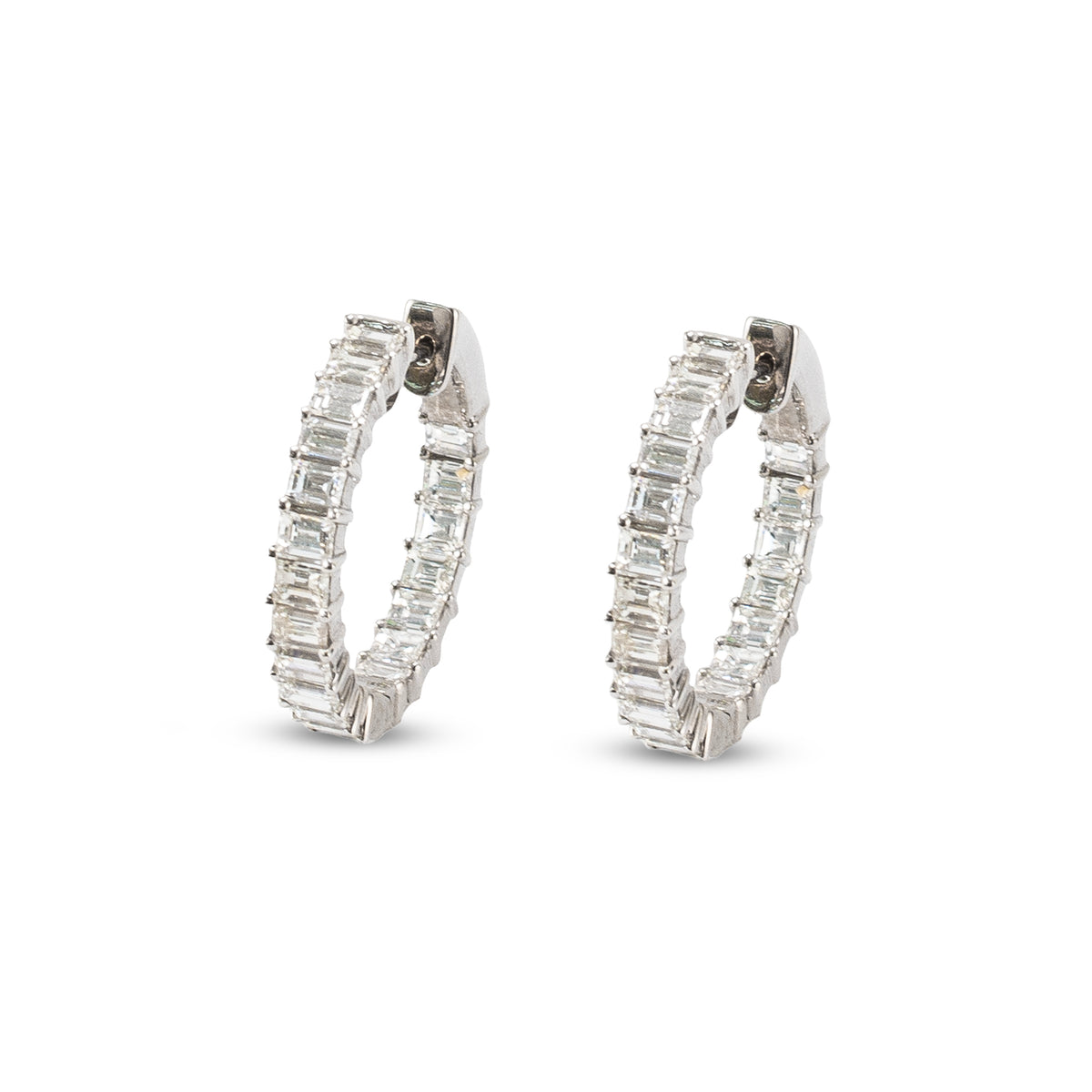 Ladies 18K White Gold 3.60ctw Inside Out Baguette Diamonds Hoop Earrings