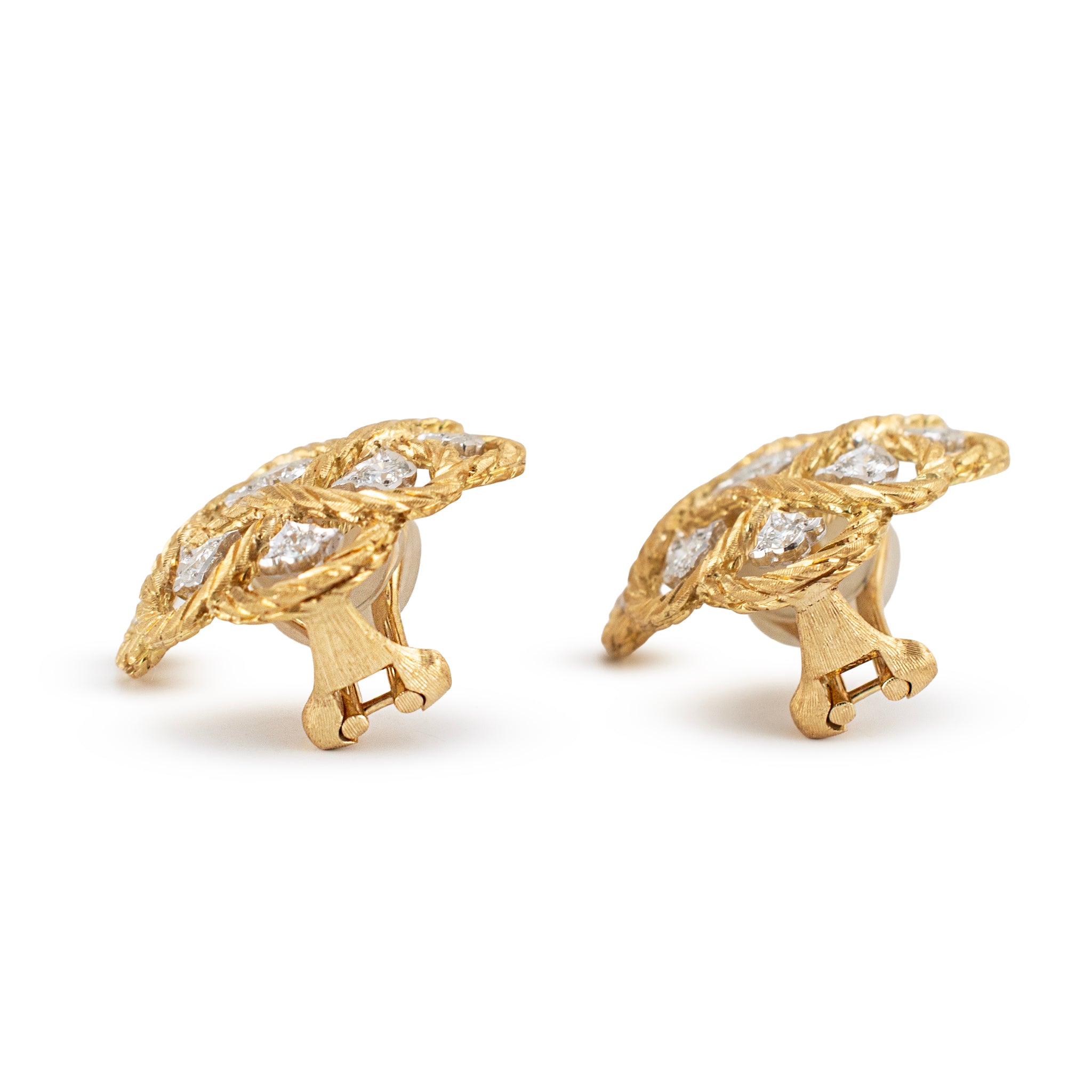 Vintage Buccellati Etoilee 18K Yellow & White Gold Diamond Rope Clip on Earrings