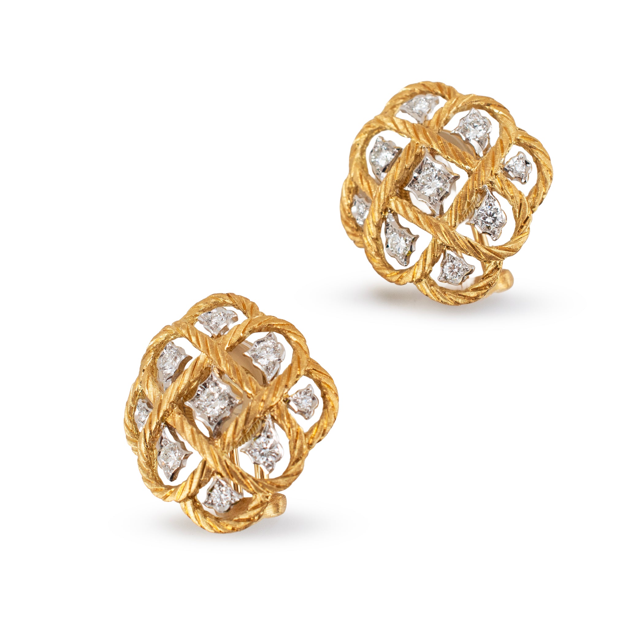 Vintage Buccellati Etoilee 18K Yellow & White Gold Diamond Rope Clip on Earrings