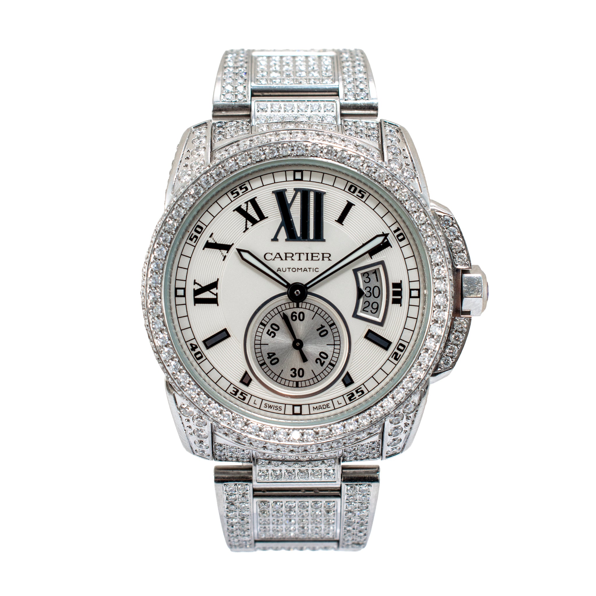 Cartier Calibre de Cartier 42MM 3389 / W7100015 Iced Out Diamond Steel Watch