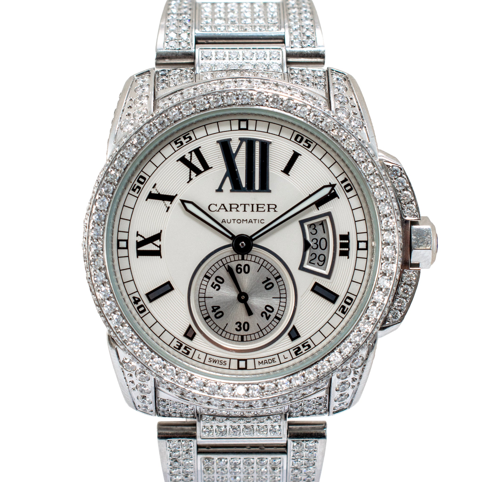 Cartier Calibre de Cartier 42MM 3389 / W7100015 Iced Out Diamond Steel Watch