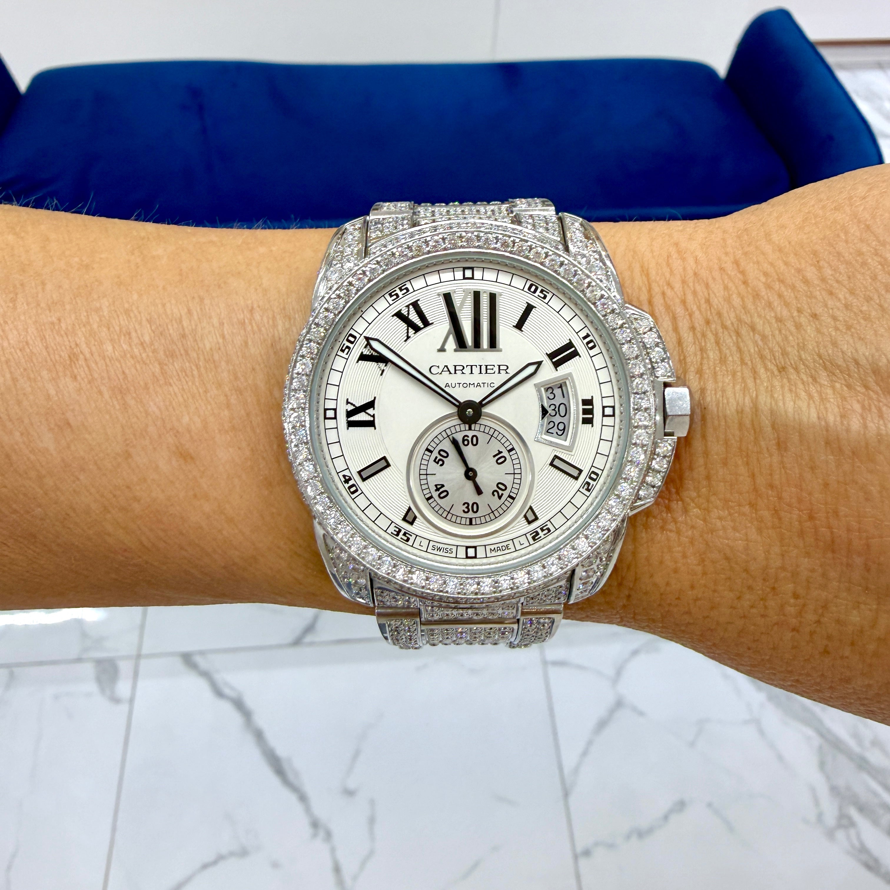 Cartier Calibre de Cartier 42MM 3389 / W7100015 Iced Out Diamond Steel Watch