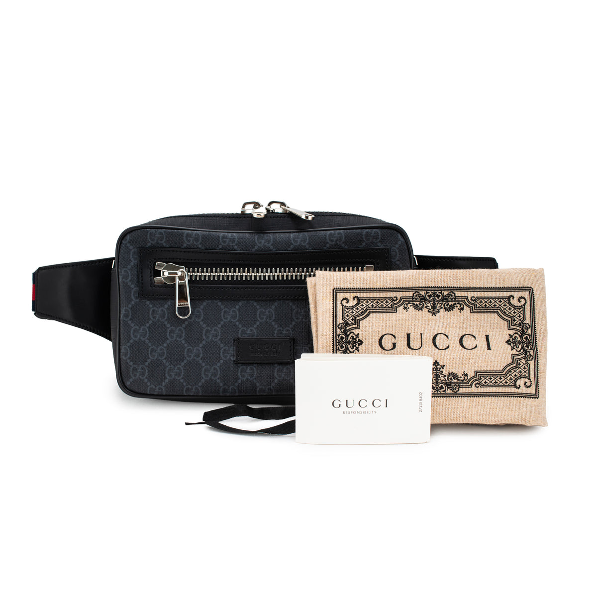 Gucci Gg Supreme Black Grey Coated Canvas Web Belt Bag