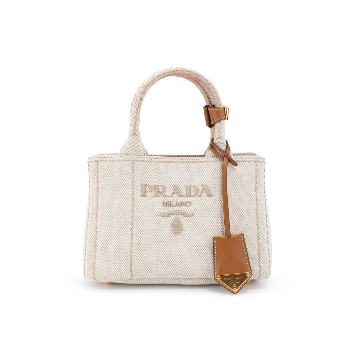 Prada Jardinière Natural Cotton Canvas Leather Trim Mini Handbag