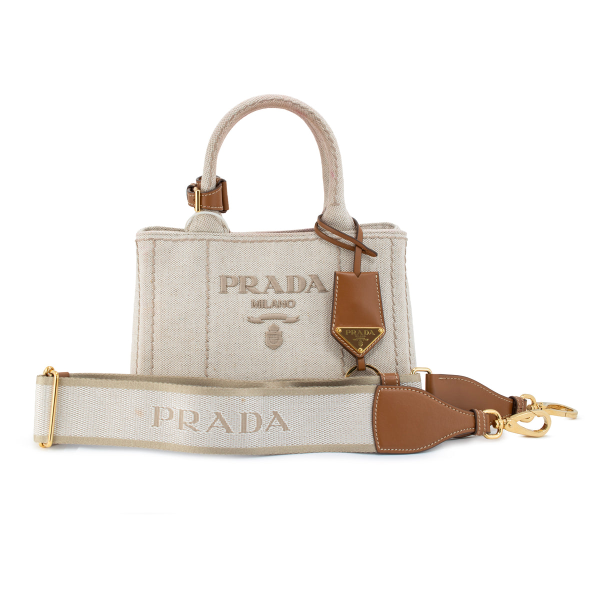 Prada Jardinière Natural Cotton Canvas Leather Trim Mini Handbag