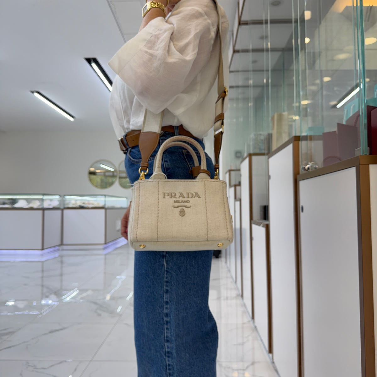 Prada Jardinière Natural Cotton Canvas Leather Trim Mini Handbag