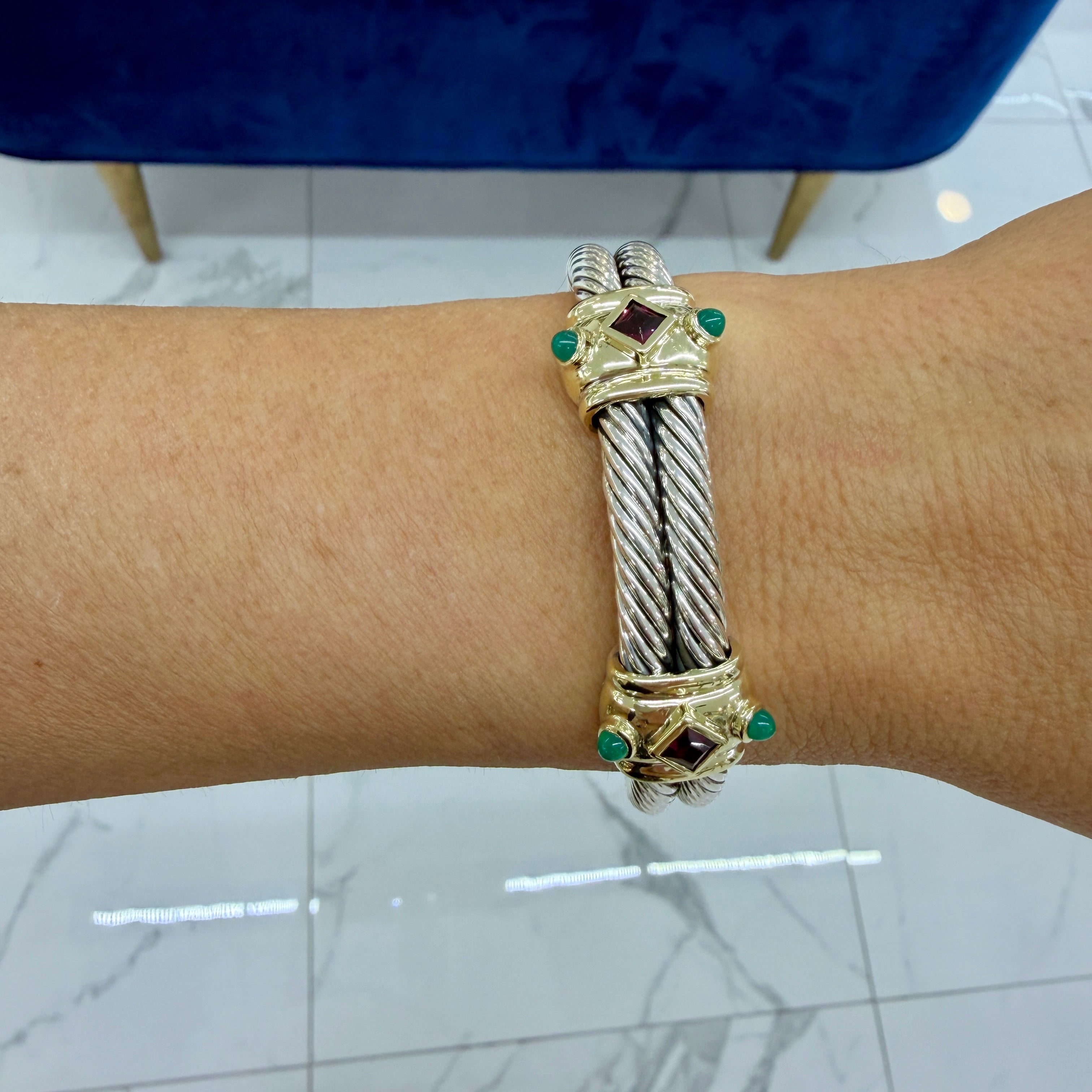David Yurman Silver 14K Yellow Gold Double Cable Renaissance Cuff Bracelet