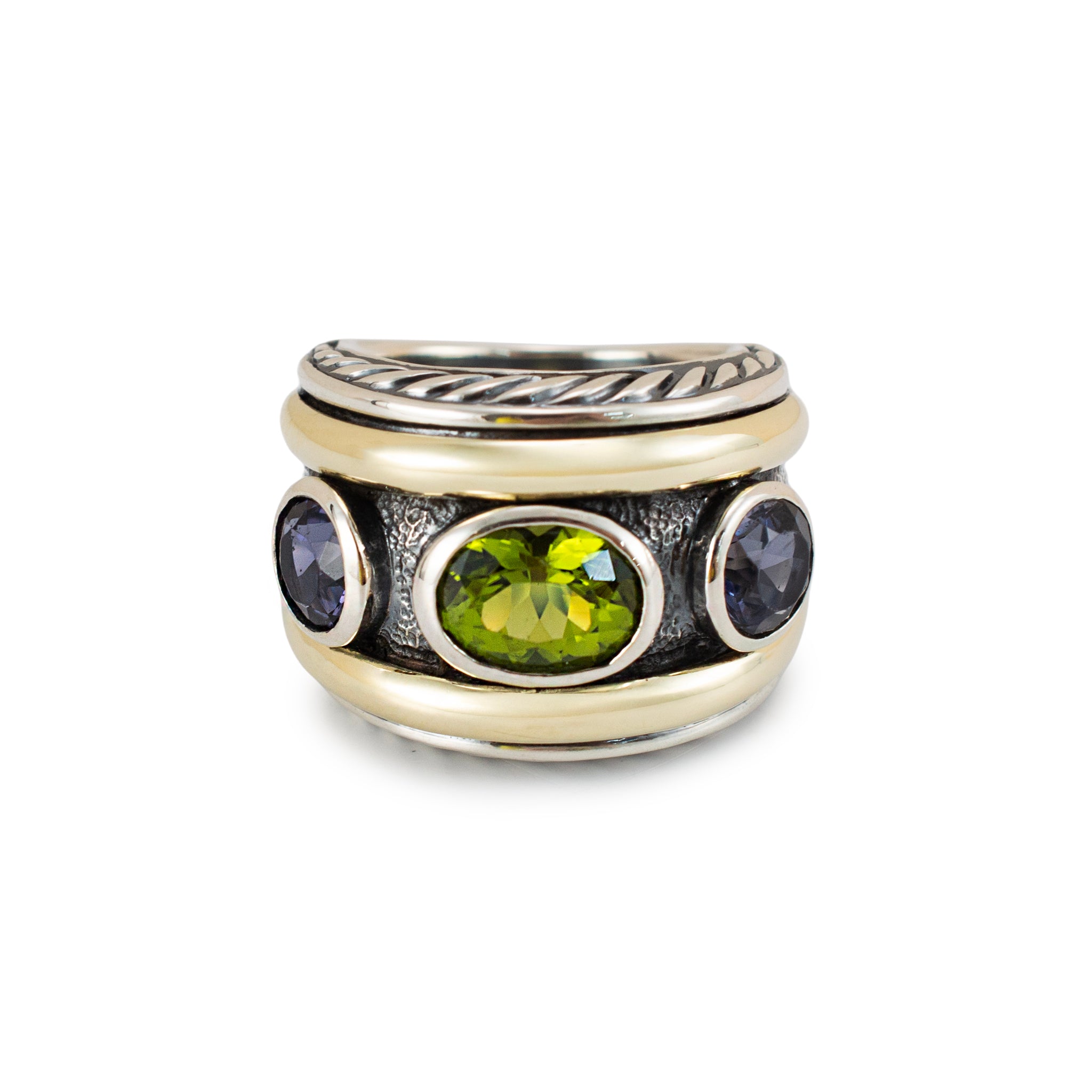 David Yurman 925 Silver 14K Yellow Gold Renaissance 3 Stone Cocktail Ring