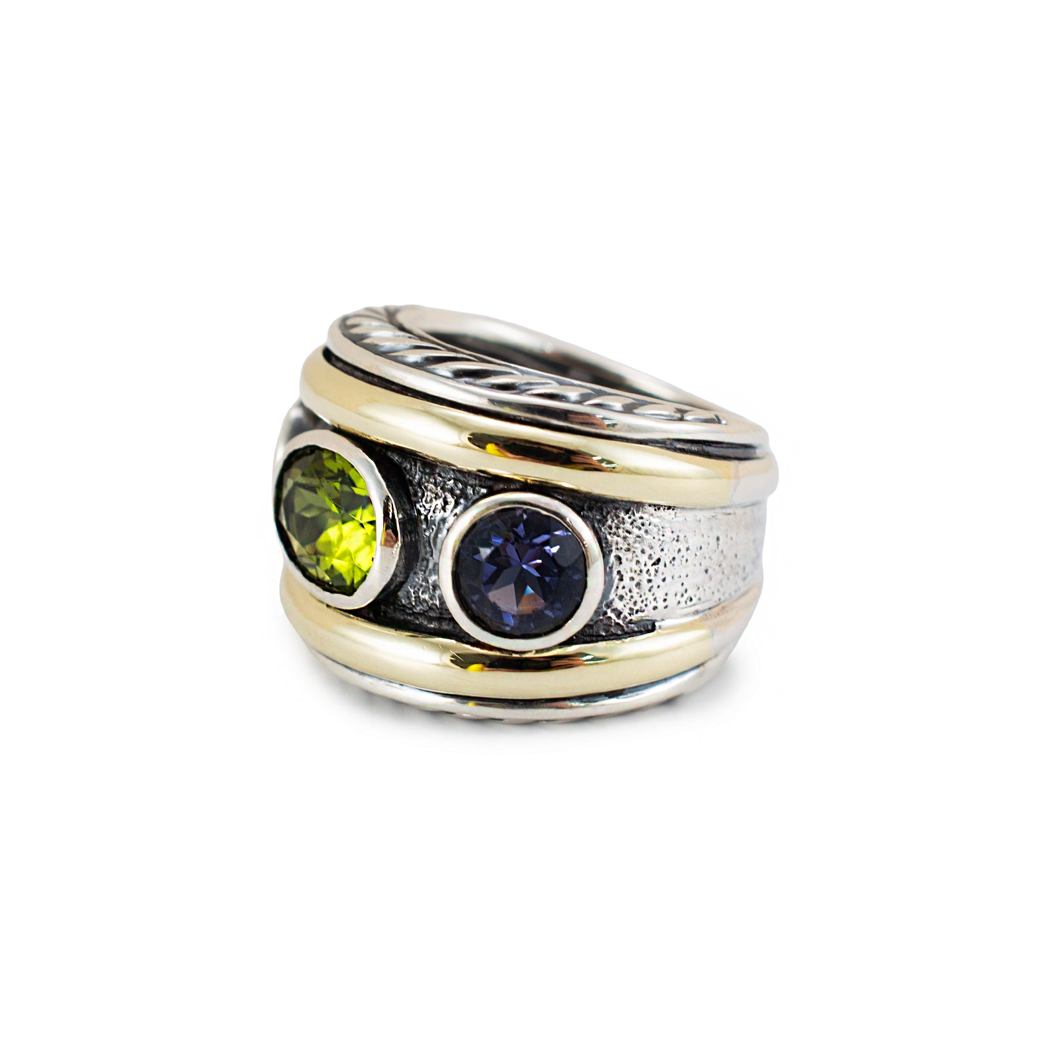 David Yurman 925 Silver 14K Yellow Gold Renaissance 3 Stone Cocktail Ring
