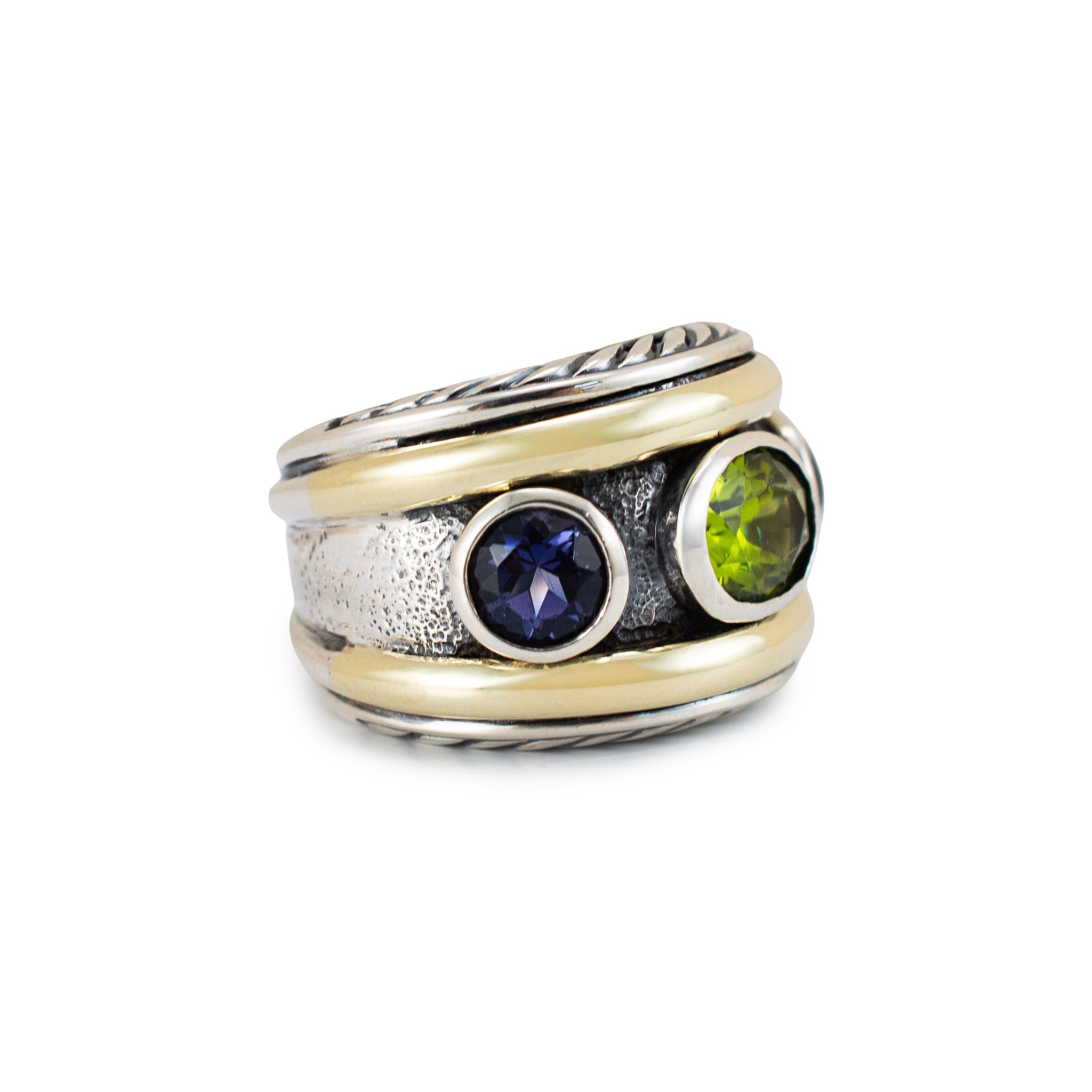 David Yurman 925 Silver 14K Yellow Gold Renaissance 3 Stone Cocktail Ring