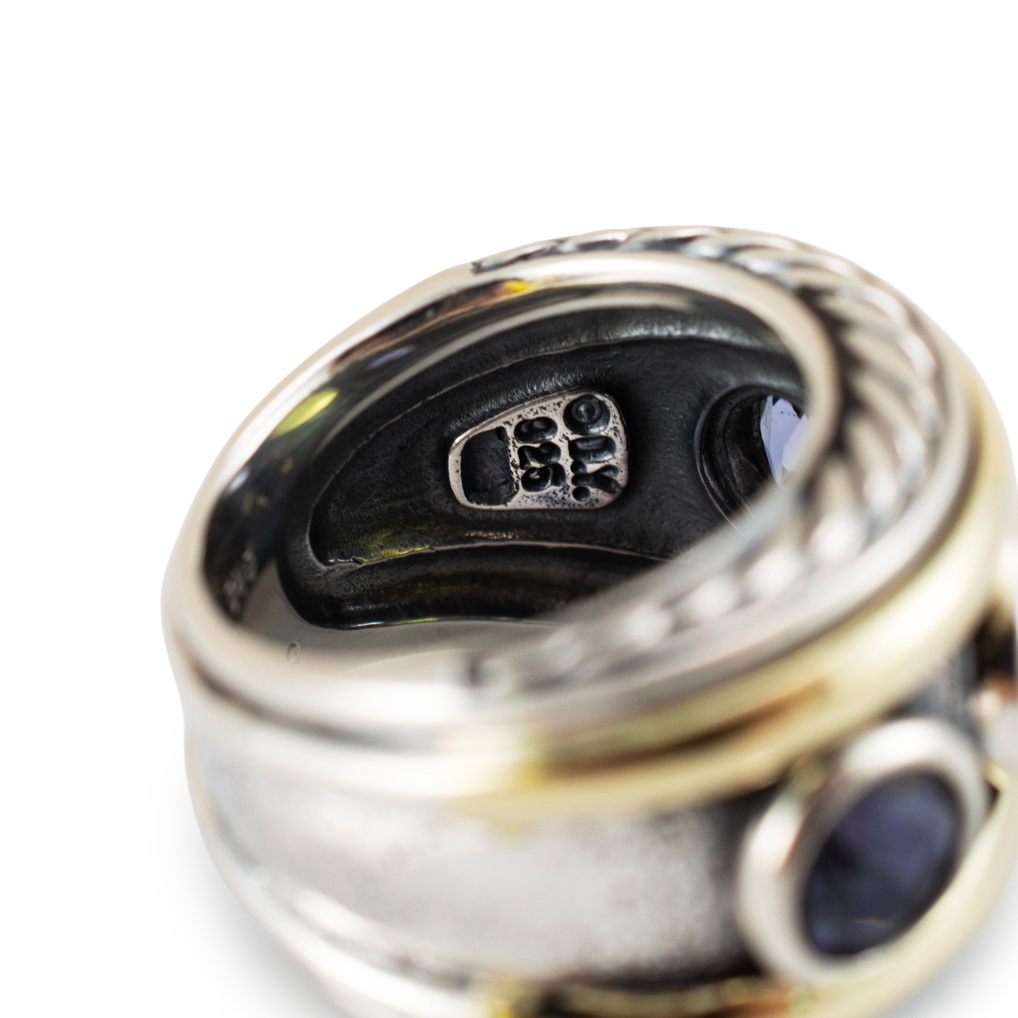 David Yurman 925 Silver 14K Yellow Gold Renaissance 3 Stone Cocktail Ring