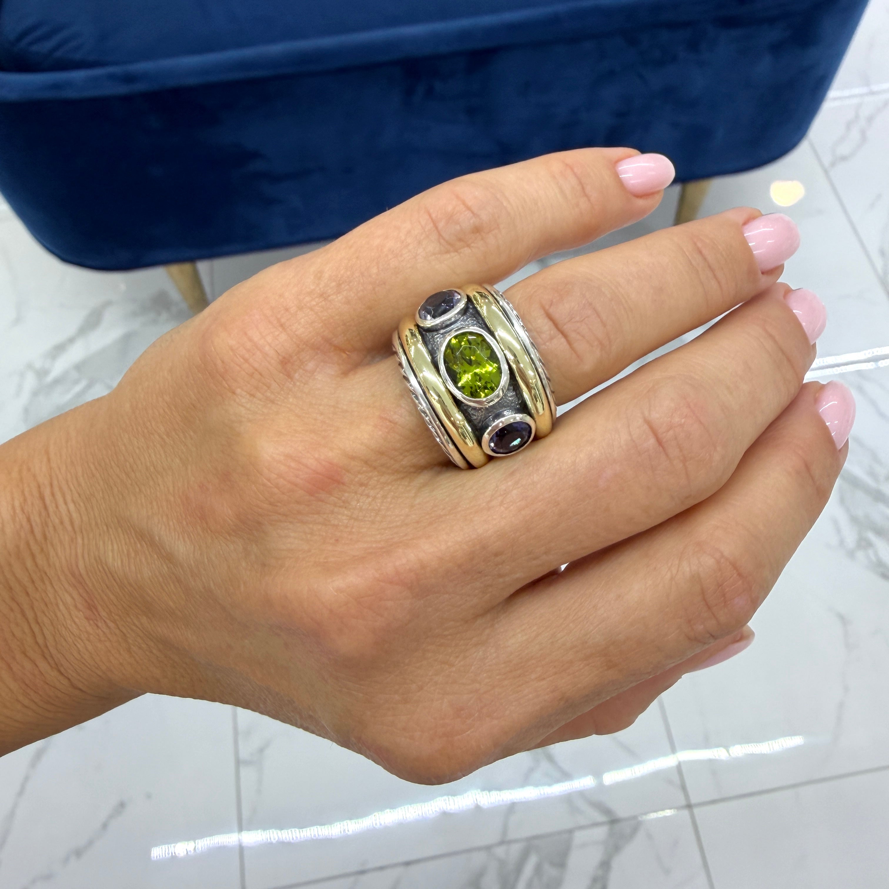 David Yurman 925 Silver 14K Yellow Gold Renaissance 3 Stone Cocktail Ring