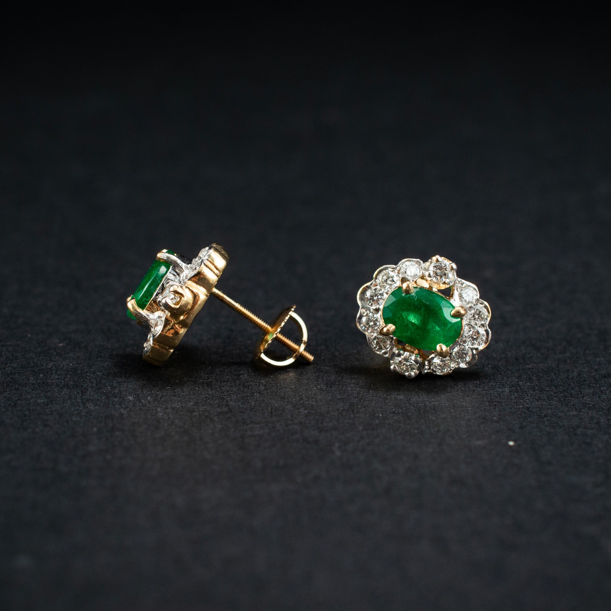 14K Yellow Gold Emerald 1.17ct Halo Diamond 0.48ct Studs Earrings 3.5g ½"