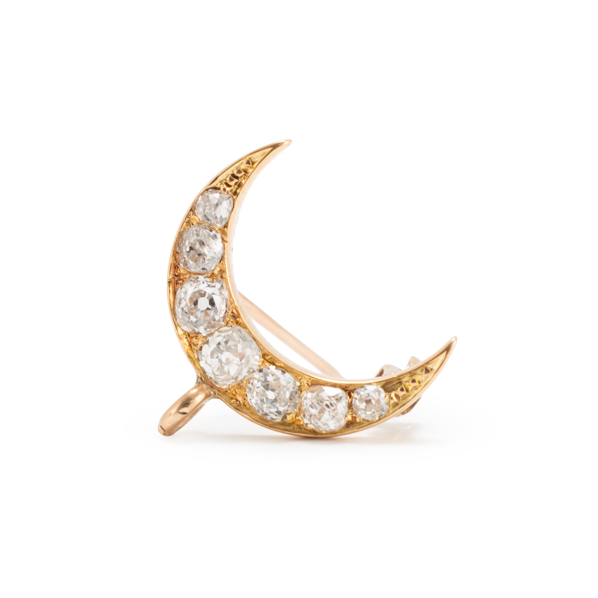 Victorian Antique 18K Yellow Gold 1.24ctw Old Cut Diamond Crescent PIN Pendant